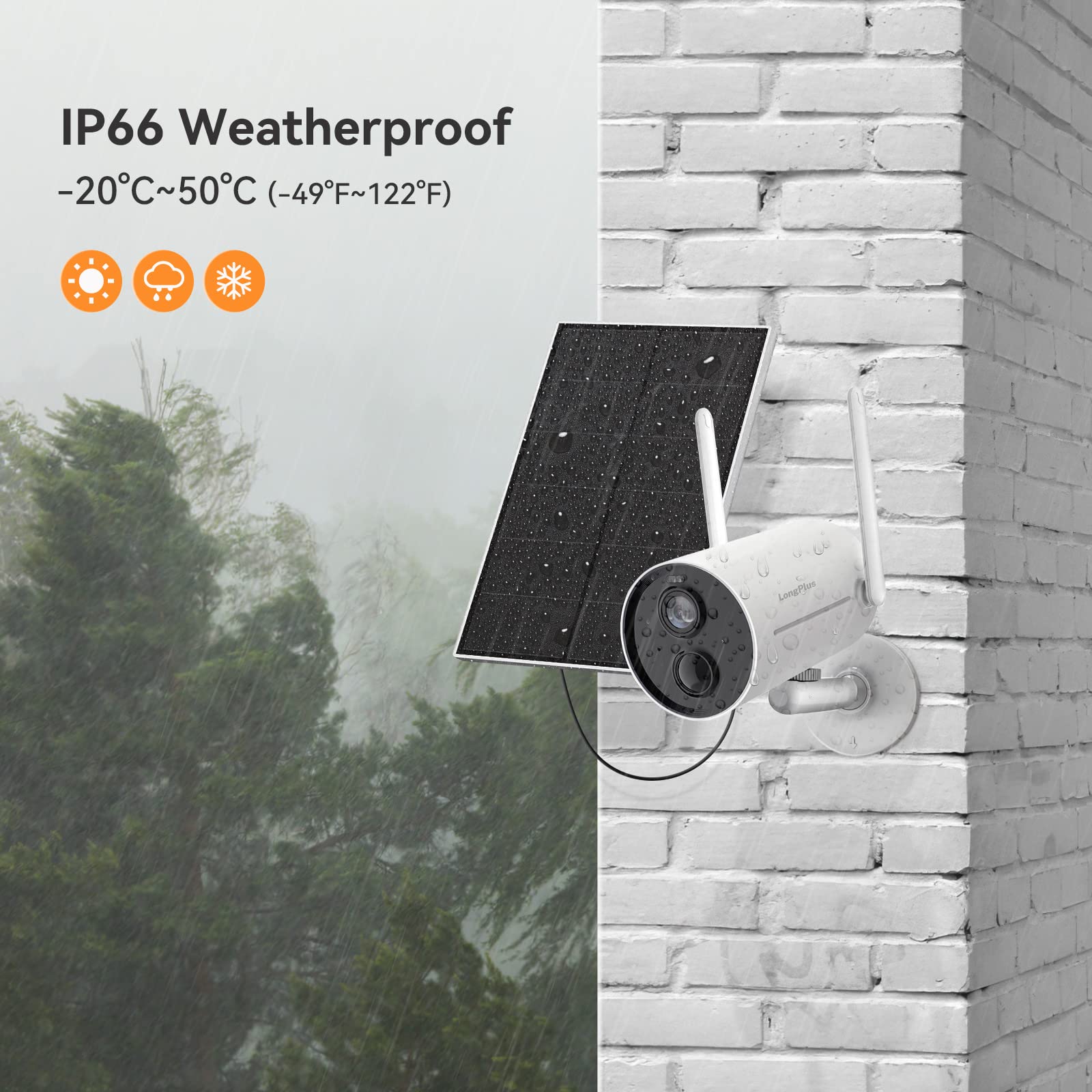 LongPlus Solar Powered Wireless Outdoor Security Camera - 3.0MP WiFi Battery Camera with 2-Way Audio, PIR Motion Detection, Alarm & Color Night Vision | IP66 Weatherproof | Ideal for Home, Yard, Garage & Business Surveillance