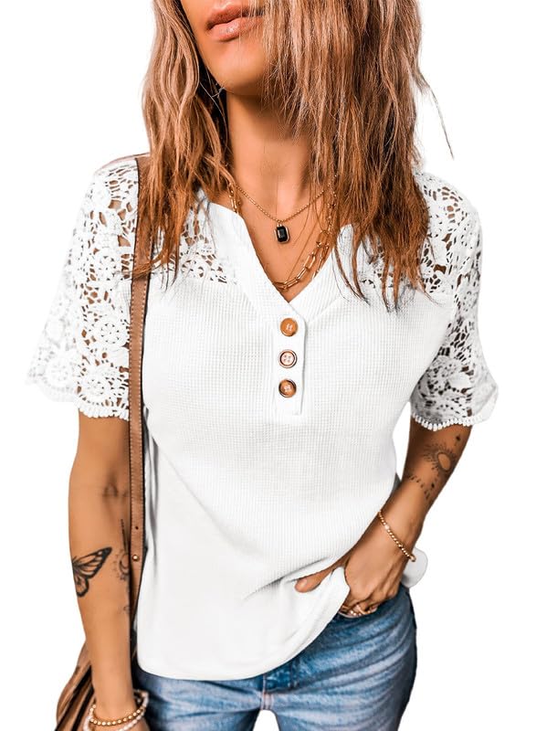 Dokotoo Women's V Neck Waffle Knit Tops Casual Short Sleeve Blouse Button Up Lace Splicing Summer Shirt - Perfect for Beach Outings, Date Nights & Office Wear