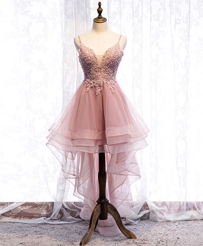Elegant Pink Tulle Lace High-Low Prom Dress for Homecoming - Perfect for Formal Dances, Graduation Parties & Special Occasions