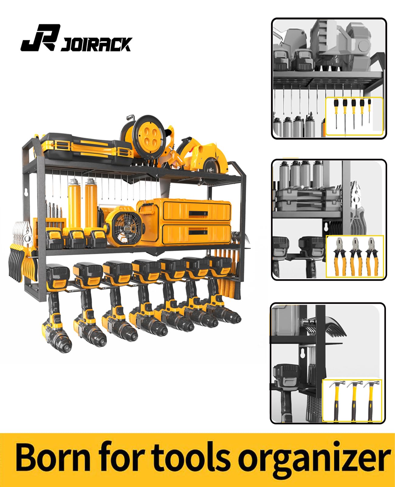 Heavy Duty Wall Mount Power Tool Organizer - 7 Drill Holders & 3-Tier Storage Rack (26 Inch) for Garage, Workshop & DIY Projects - Perfect Tool Organization Gift for Men & Husband
