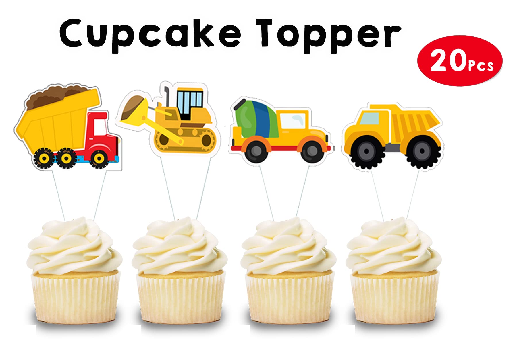WoW Party Studio Construction Vehicles Theme Happy Birthday Decorations - 20 Pcs Cake Toppers for Kids Birthday Party, Construction Theme Celebration & Baby Shower Decor
