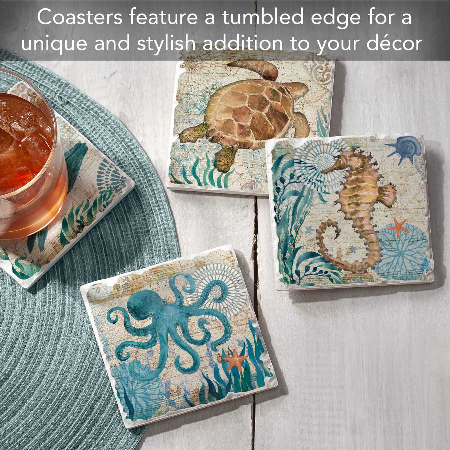 Thirstystone Monterey Bay 4-Pack Natural Stone Coasters with Cork Backing - 4