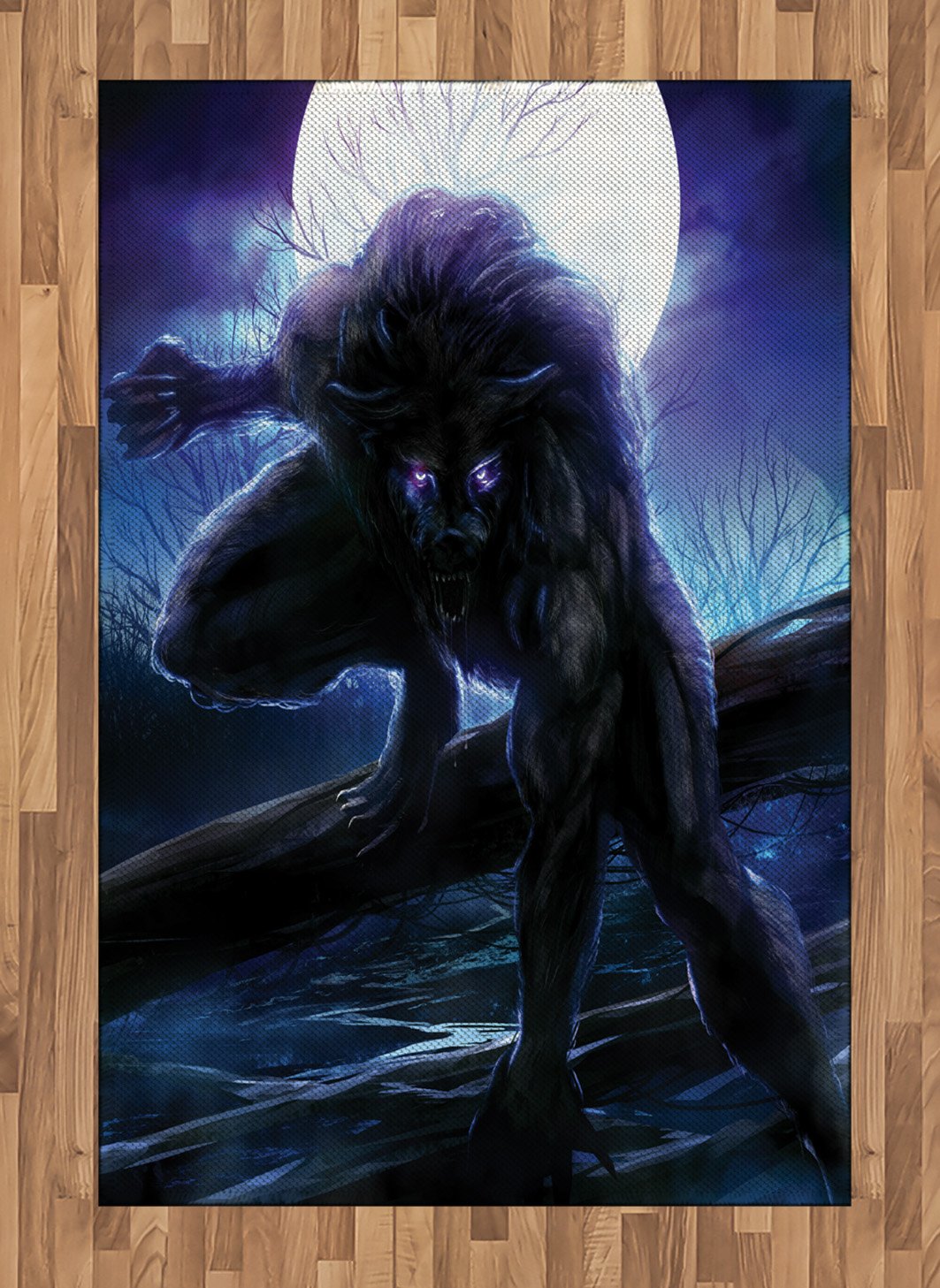 Ambesonne Fantasy World Area Rug - Surreal Werewolf with Electric Eyes in Full Moon Transformation, Folkloric Flat Woven Accent Rug, 4' x 5'7