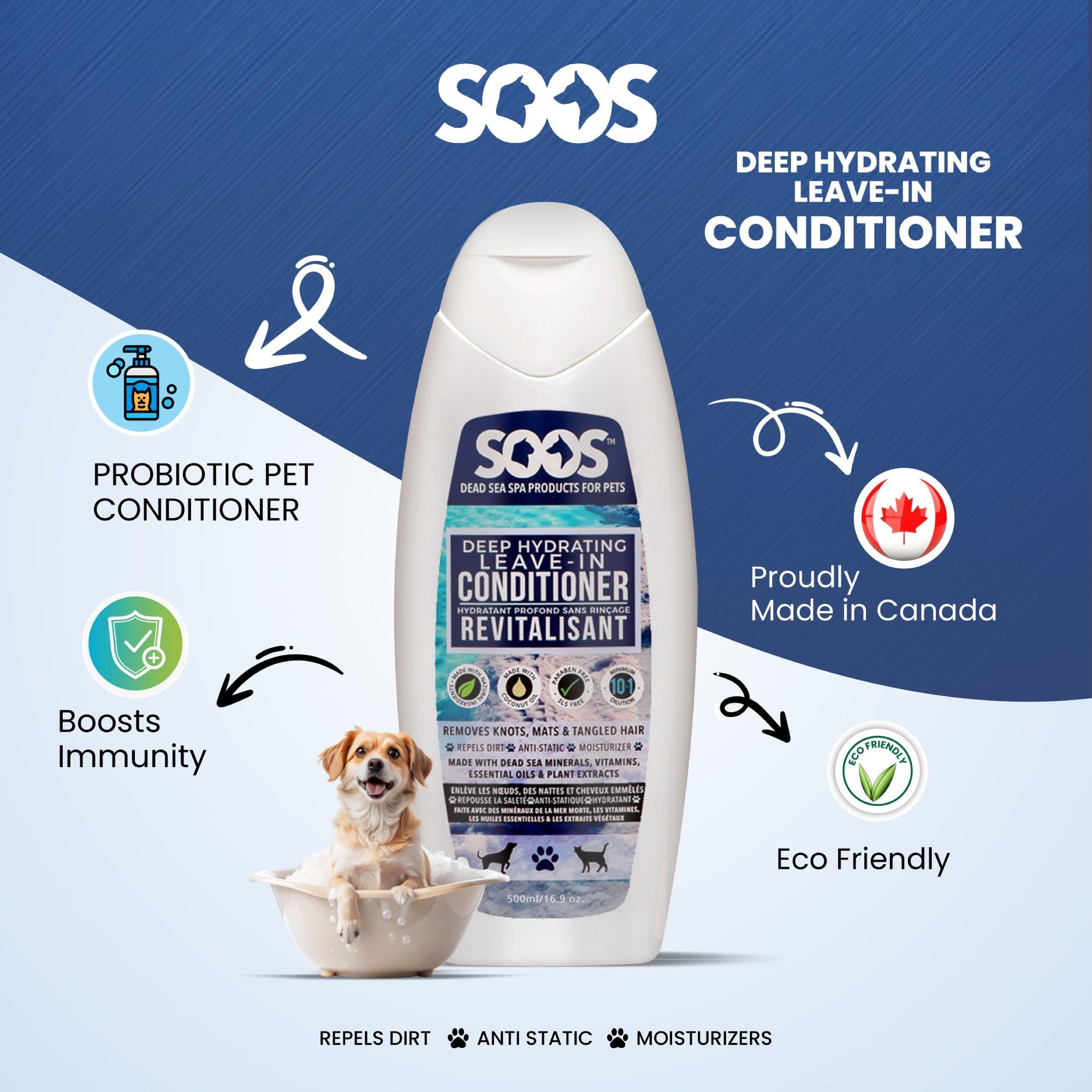 Soos Pet Deep Hydrating Leave-in Conditioner for Dogs & Cats - 500ml | Natural Dead Sea Minerals & Vitamins | Moisturizes Skin, Reduces Shedding & Promotes Healthy Coat | Perfect for Grooming, Bathing & Daily Fur Care