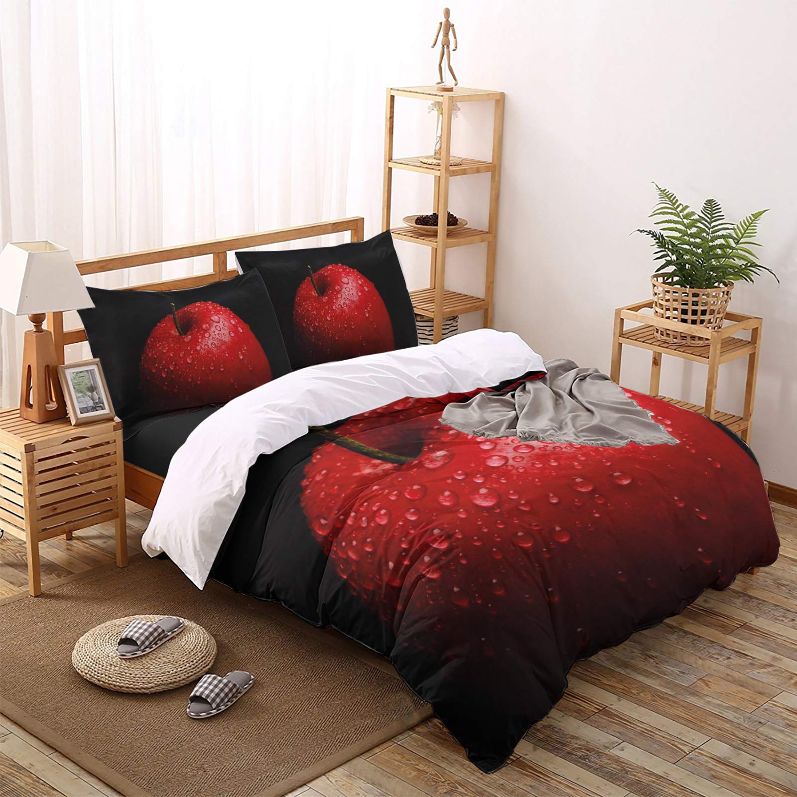 4-Piece Twin Size Bedding Set - Ultra Soft & Breathable Comforter Duvet Cover with Corner Ties, Bed Sheet & 2 Pillowcases - Fresh Red Fruits Oil Painting Design on Black Background - Perfect for Cozy Bedroom, Guest Room or Dorm Decor