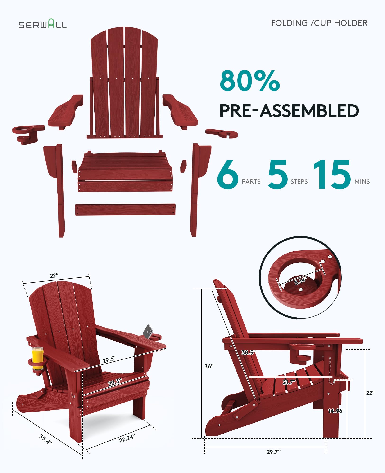 Premium SERWALL Adirondack Chair with Cup Holders - Durable HDPE Composite Outdoor Patio Furniture - All-Weather Resistant (Red) - Perfect for Backyard, Poolside & Garden Relaxation
