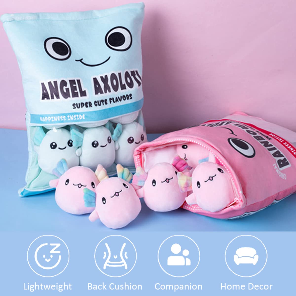 ARELUX 6PCS Cute Axolotl Plush Pillow Set - Soft Blue Salamander Stuffed Animal with Removable Bag, Adorable Axolotl Plushie Doll for Kids & Adults - Perfect for Home Decor, Birthday Gifts, Cuddling and Stress Relief