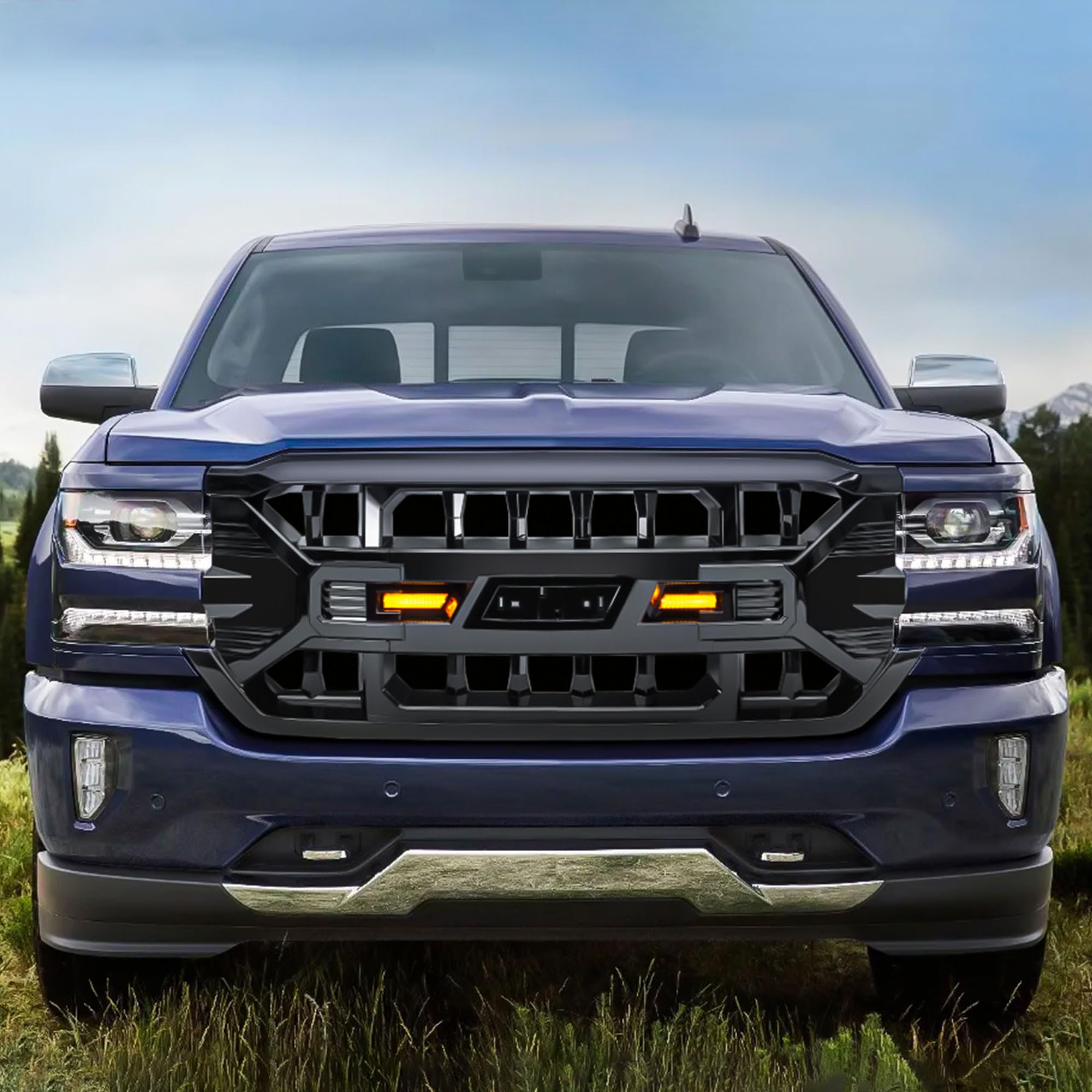 2016-2019 Chevrolet Silverado 1500 AMERICAN MODIFIED Armor Grille with Amber LED Lights & Emblem Base - Glossy Black | Heavy-Duty Front Grille Replacement for Off-Road & Truck Customization