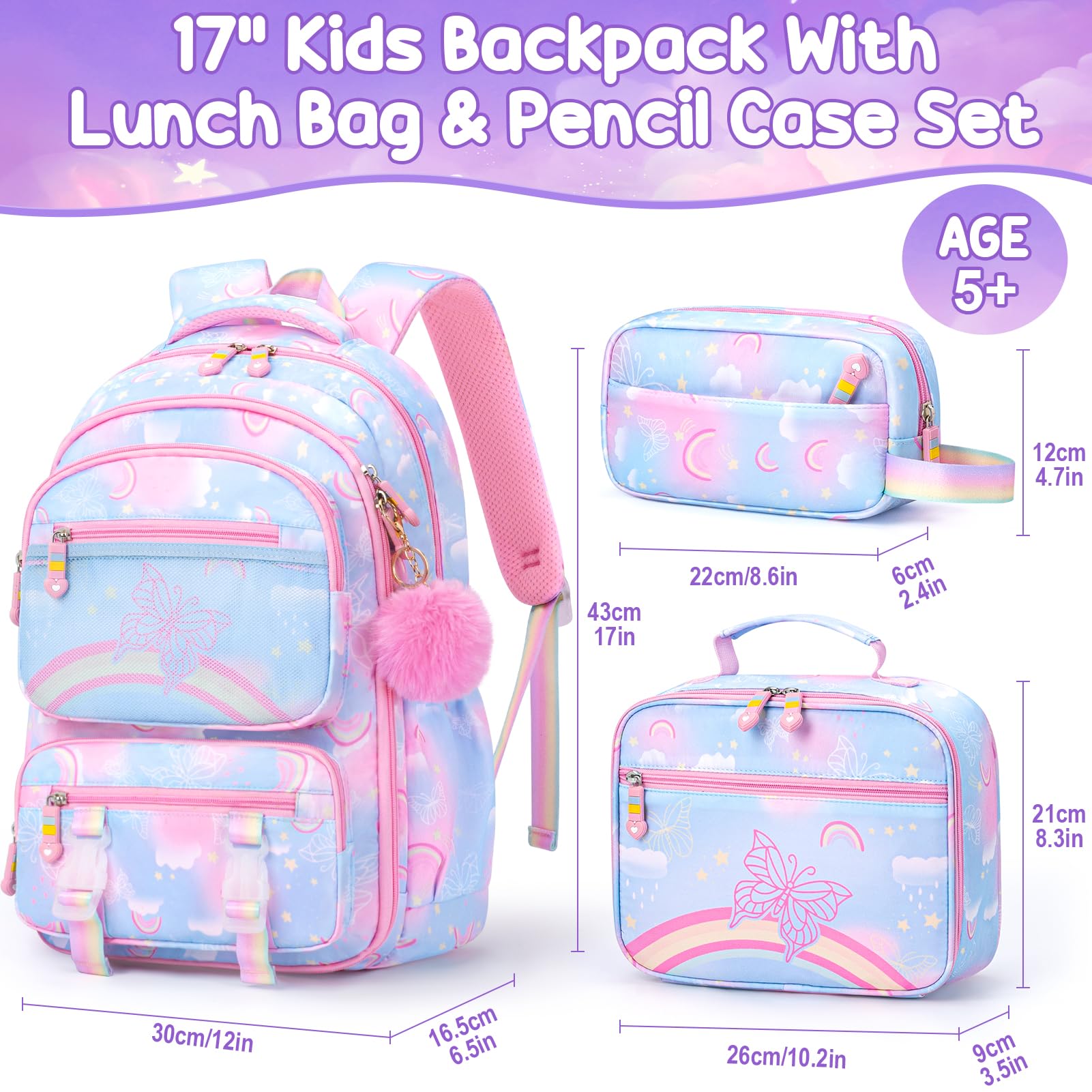 Fimibuke 3PCS Rainbow & Butterflies Backpack Set for Girls - School Backpack with Lunch Box & Pencil Case, Blue Bookbag for Kindergarten to Middle School (Ages 5+) - Perfect for School, Travel & Daily Use