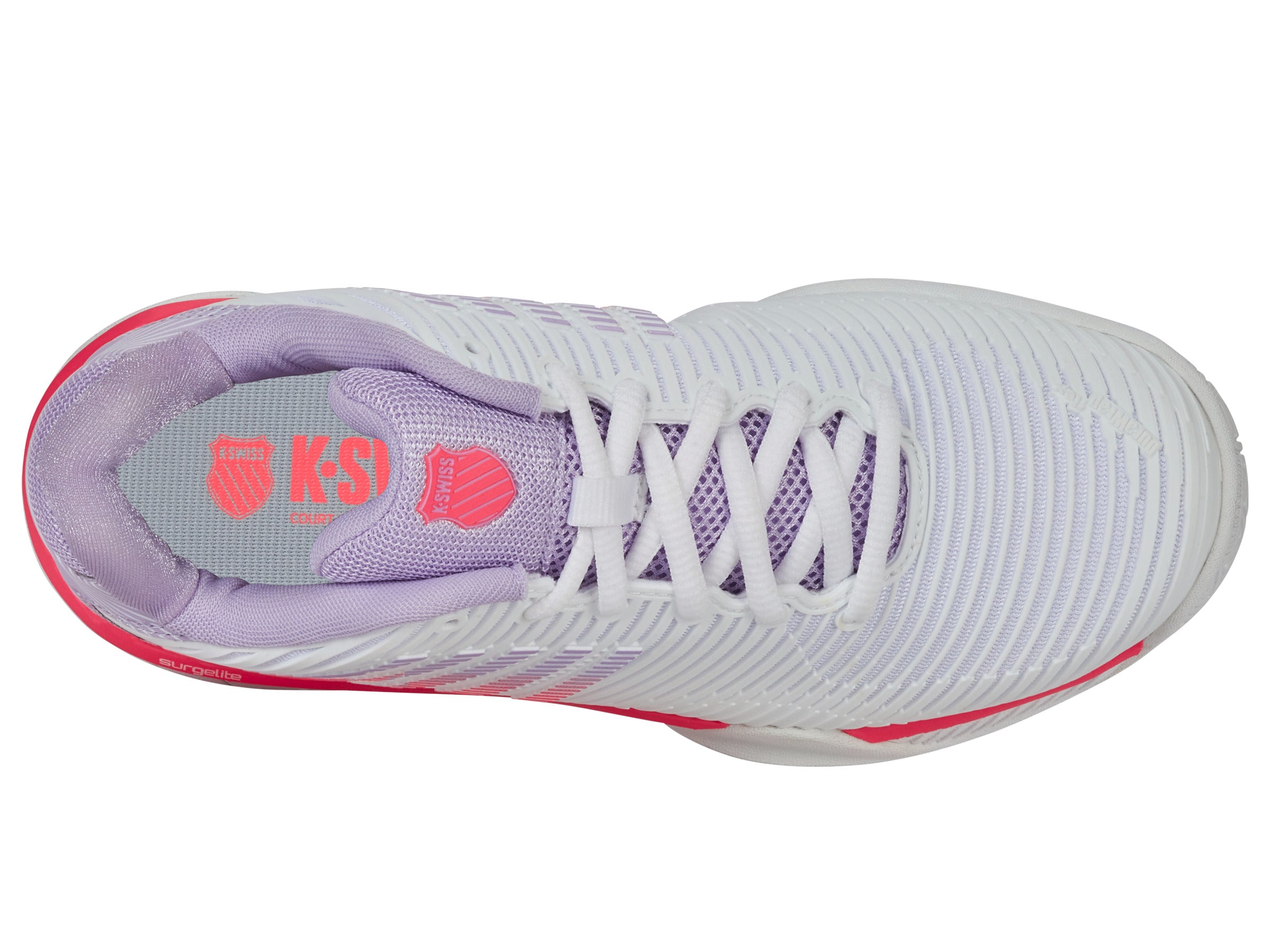 Hypercourt Express 2 Wide Women's Tennis Shoes - White/Orchid Petal/Neon Blaze | Lightweight & Breathable for Court Performance | Perfect for Competitive Matches & Training Sessions