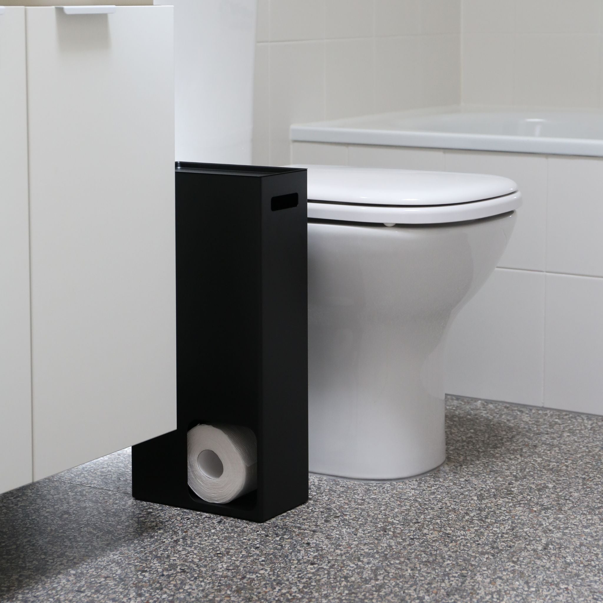 YAMAZAKI Black Toilet Paper Holder - Space-Saving Bathroom Organizer for Modern Homes | Perfect for Small Bathrooms, Apartments & RVs