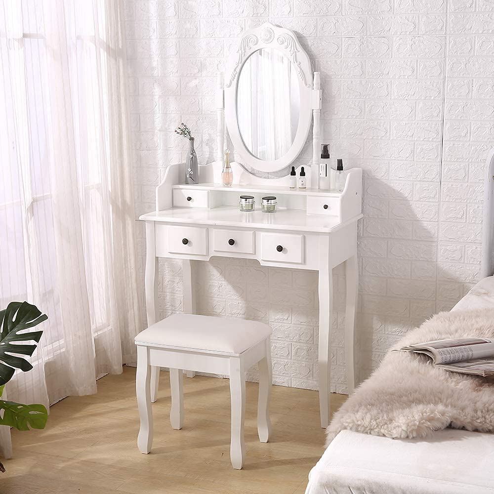 Vintage Vanity Mirror Table Set with Stool - White Makeup Dressing Desk with Storage for Women & Girls | Perfect for Bedroom, Boudoir & Beauty Room Organization