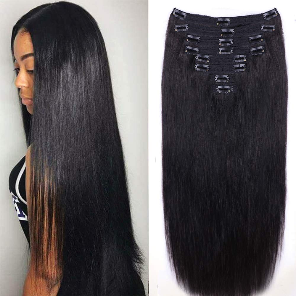 100% Brazilian Virgin Human Hair Clip-in Extensions for Black Women - Unprocessed Straight Natural Black Hair, 8 Pieces with 18 Clips (120g, 24 Inch) | Perfect for Daily Styling, Special Occasions & Volume Boosting