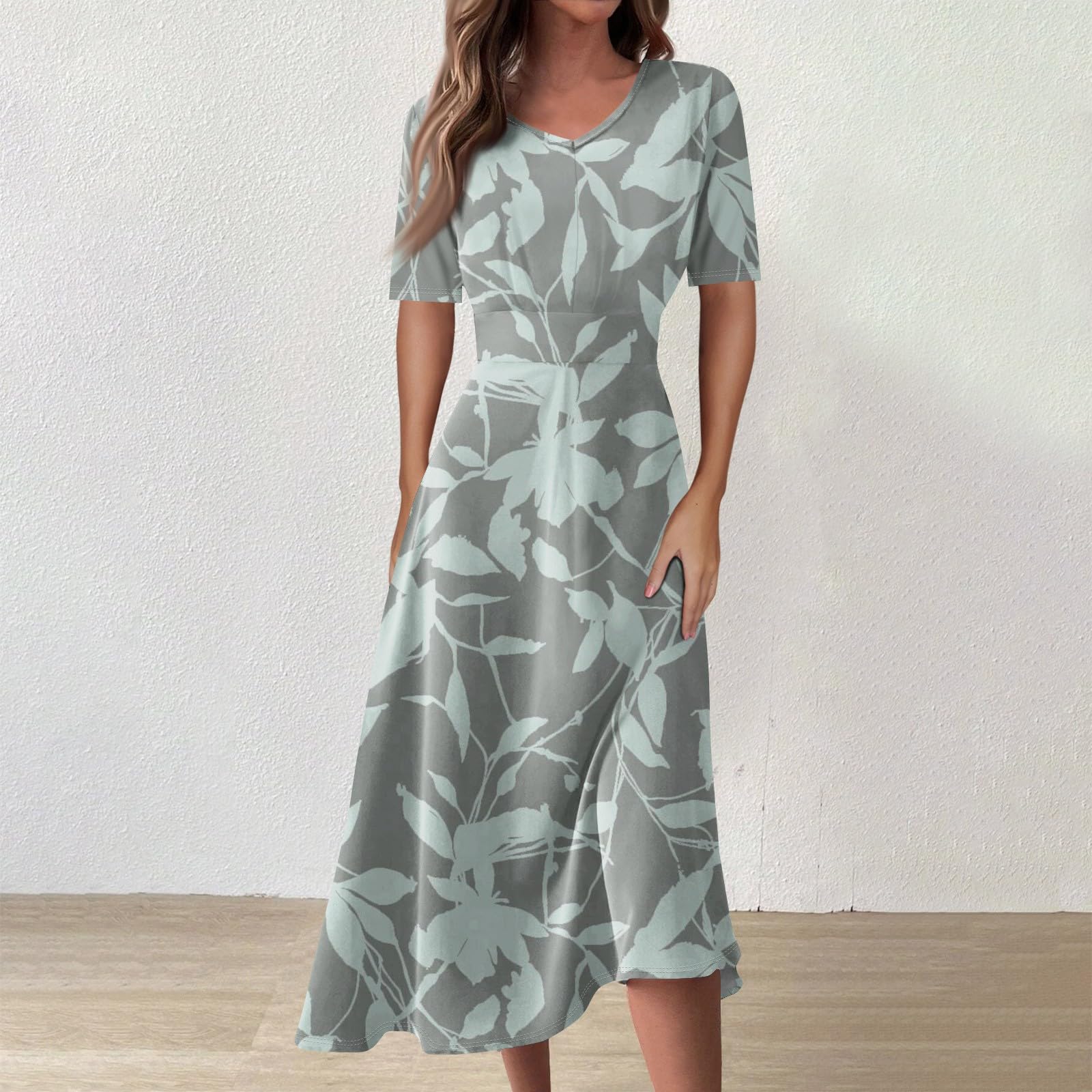 DOPOCQ Women's Summer Dresses 2024 - Floral Short Sleeve V-Neck High Waist Swing Maxi Dress for Beach, Wedding, Party & Casual Wear