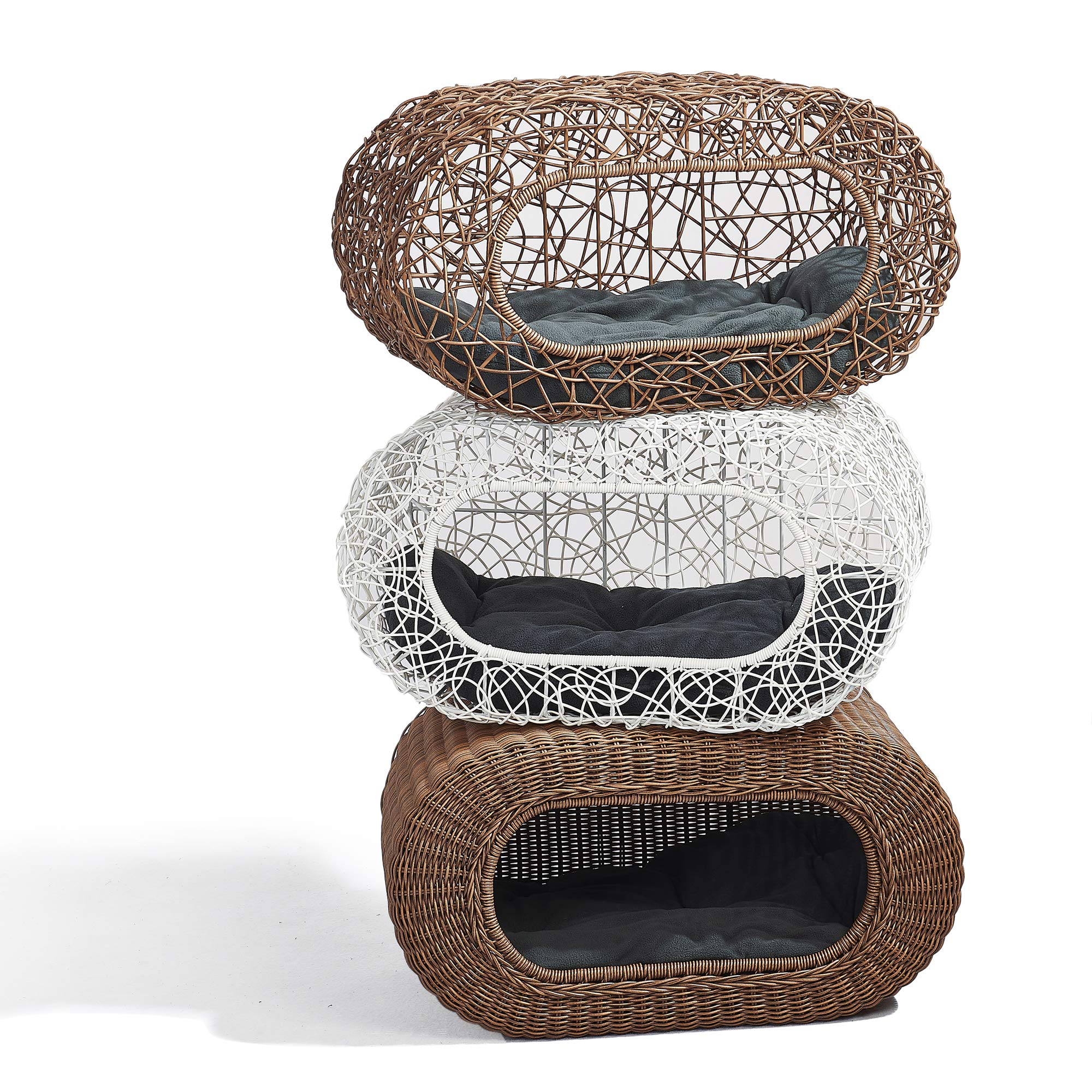 Stackable Cat Condo with Enclosed Bed - Interactive Faux Rattan Cat House for Indoor Play | Multi-Level Cat Tower with Top & Side Entries | Perfect for Small Spaces & Multi-Cat Homes