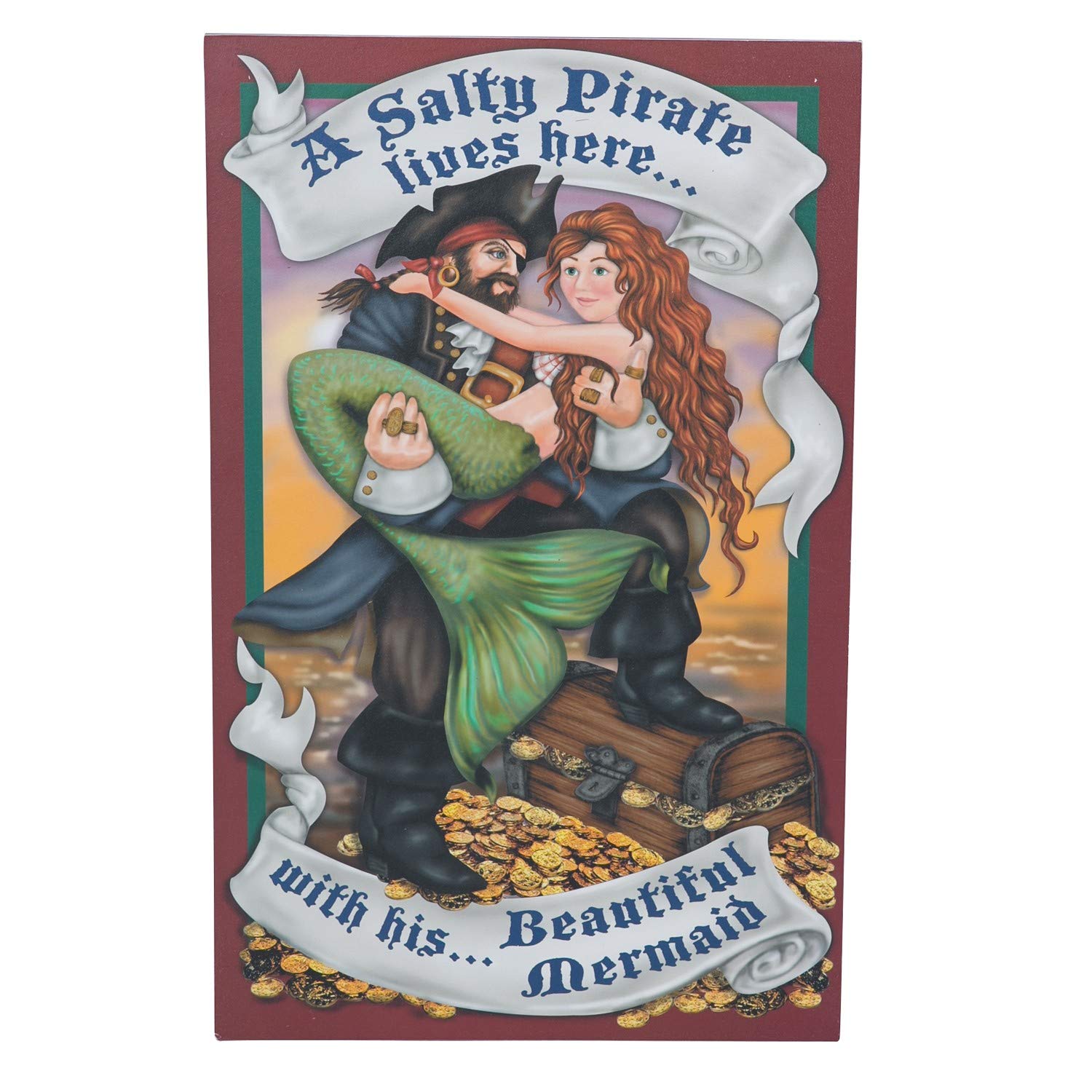Beachcombers Pirate with Mermaid Sign - Red Wooden Wall Decor for Beach House, Coastal Living Room, or Kids Bedroom