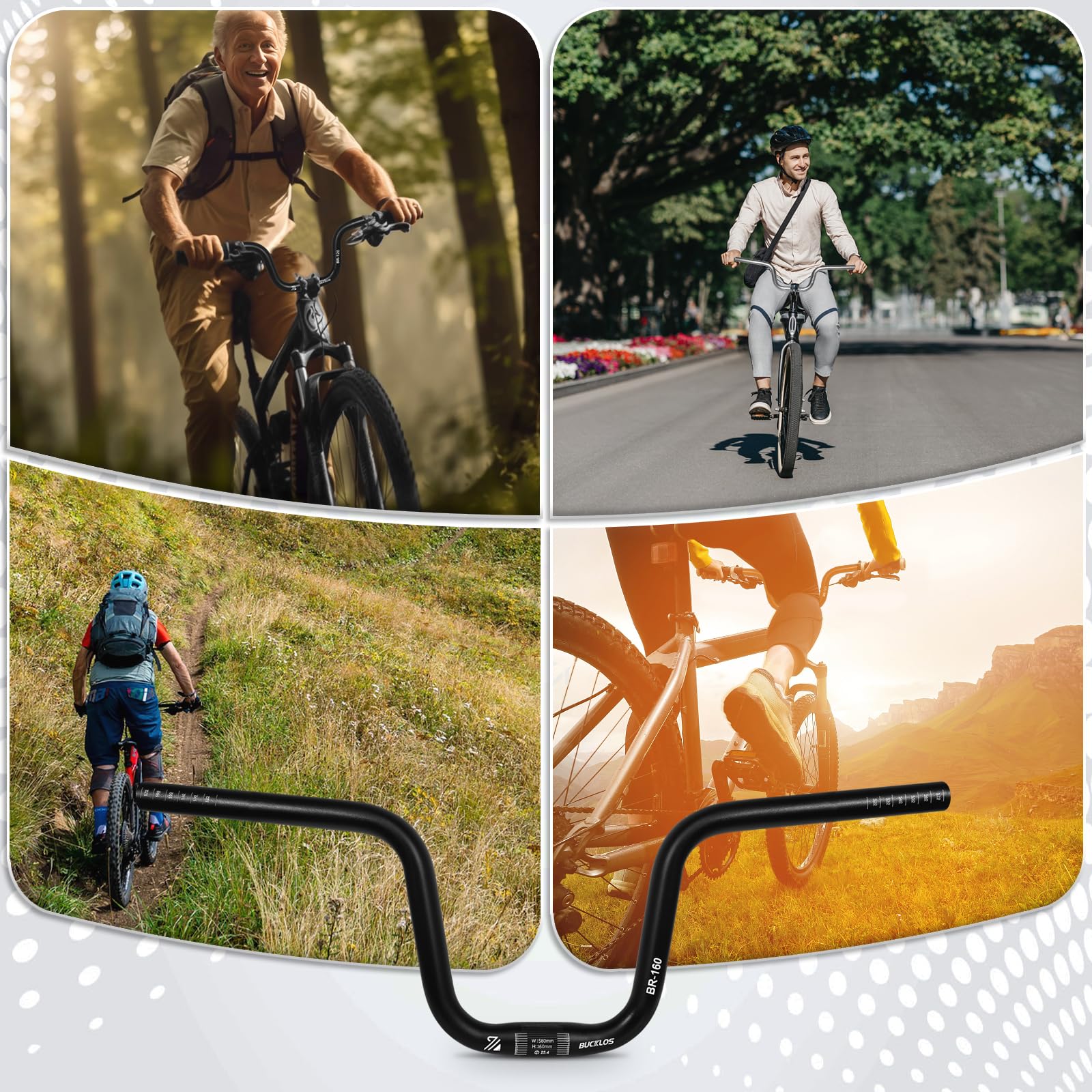BUCKLOS 25.4mm High Riser Bike Handlebars - 120mm/160mm Rise, 580mm Width Aluminum Alloy MTB Handlebars for Mountain Bikes, Folding Bikes, E-Bikes & Commuter Bikes | Perfect for Trail Riding, Urban Commuting & Off-Road Adventures