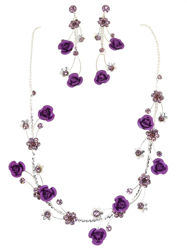 Simulated Rhinestone Rose Flower Necklace and Earrings Set - 6 Color Collection for Women, Perfect for Valentine's Day Gifts, Anniversary Presents, and Party Jewelry