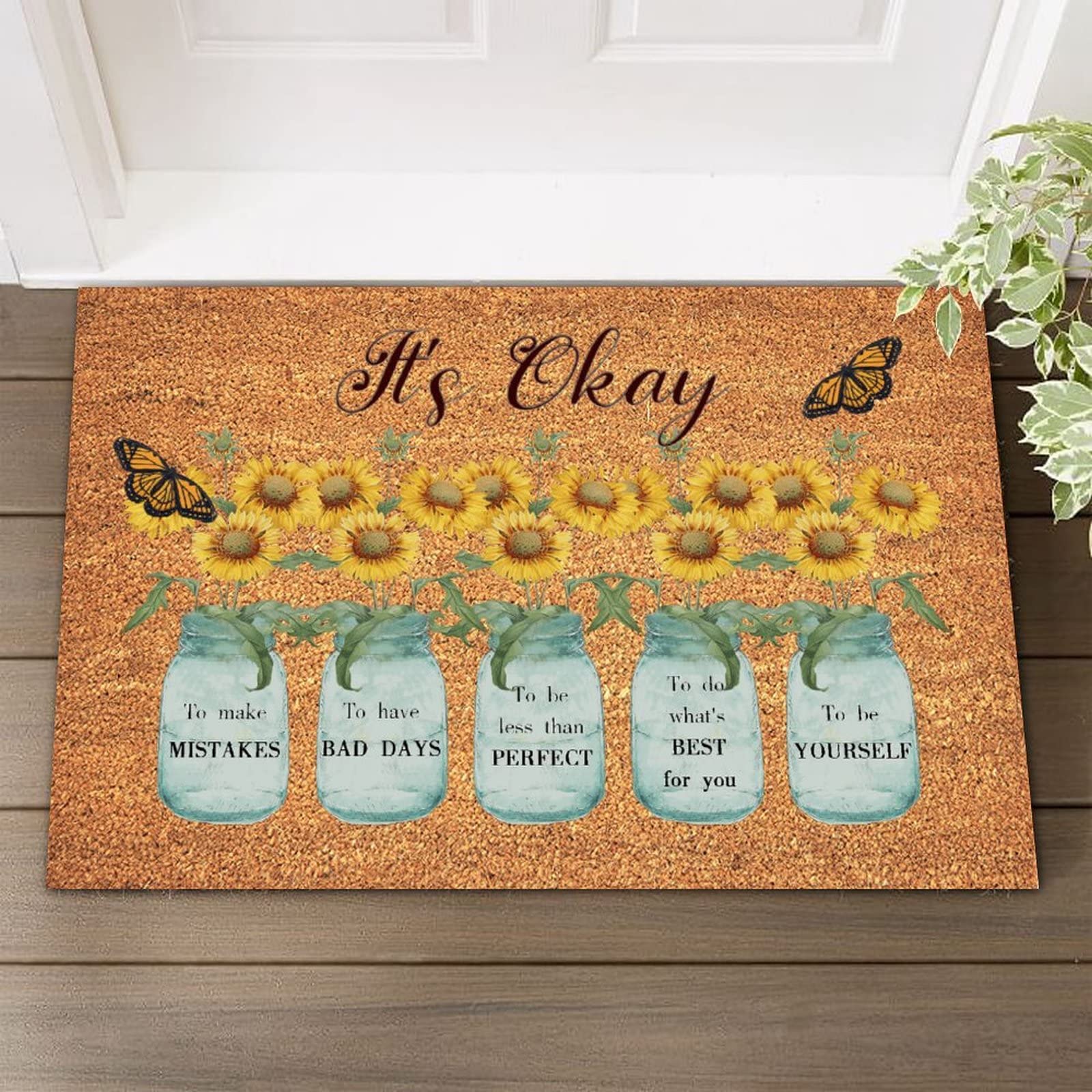 Rustic Coir Door Mat with Non-Slip Rubber Back - 24x36in Sunflower Design & Positive Motivational Quote 'It's Okay to Make Mistakes' - Perfect Entryway Welcome Mat for Home, Office, or Gift - Durable & Customizable