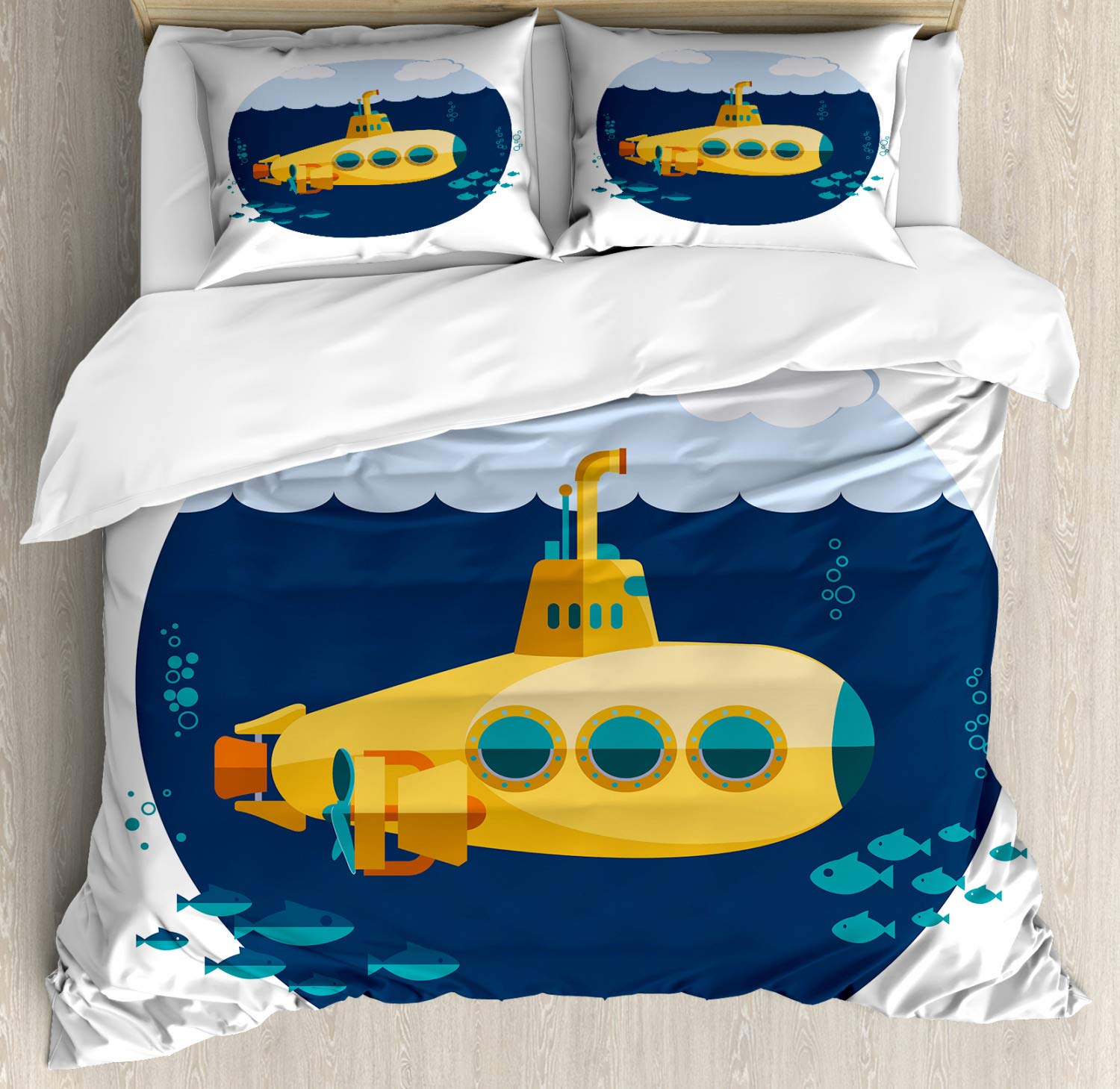 Ambesonne Yellow Submarine Duvet Cover Set - Underwater Themed 3-Piece Bedding with 2 Pillow Shams, California King Size in Earth Yellow & Navy Blue | Nautical Decor for Kids' Room, Beach House or Submarine-Themed Bedroom