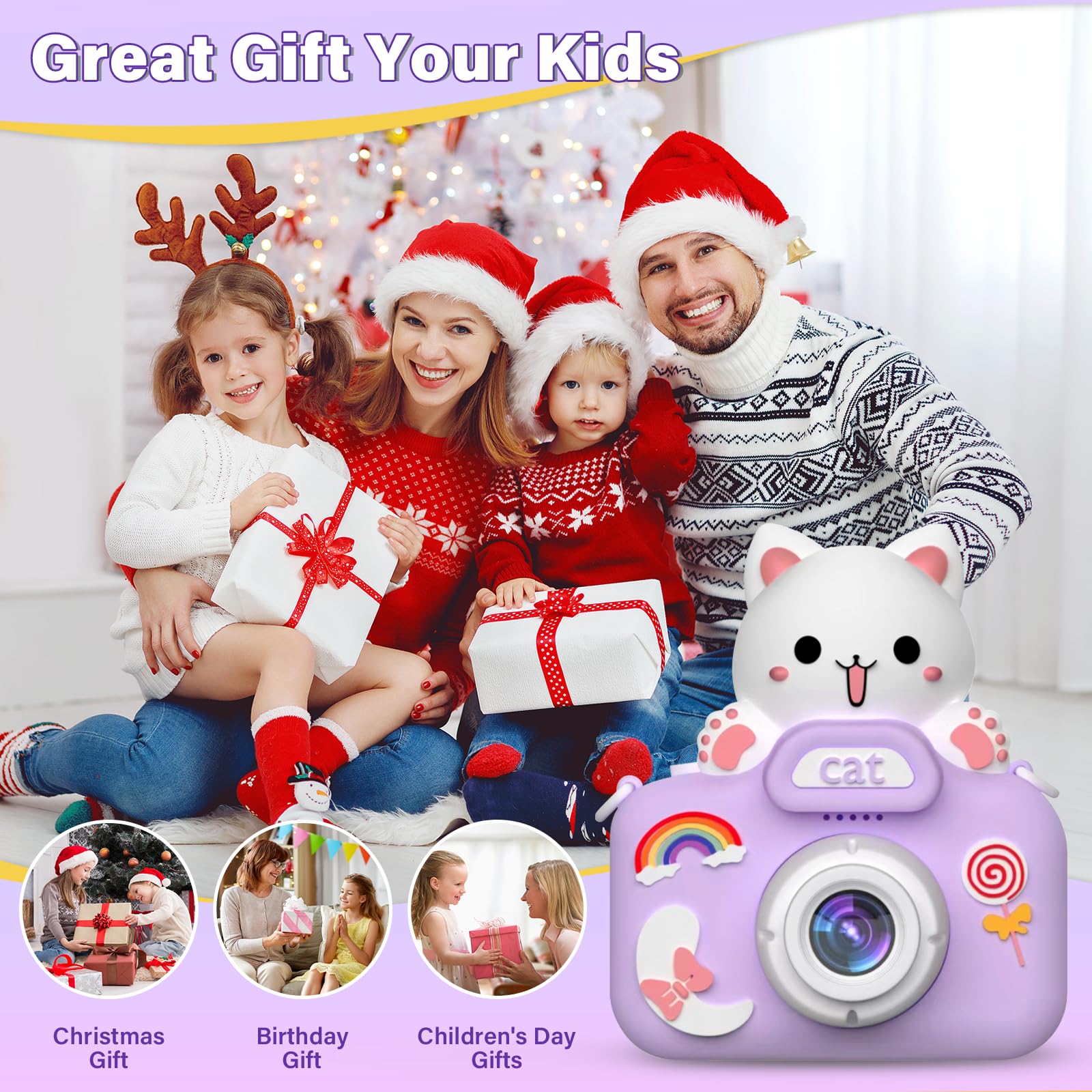Kids Digital Camera with 1080P HD Video - Best Selfie Camera Toy for Girls & Boys Ages 3-12 - Perfect Christmas Birthday Gift - Fun Educational Toy for Travel, Parties & Outdoor Adventures (Purple)