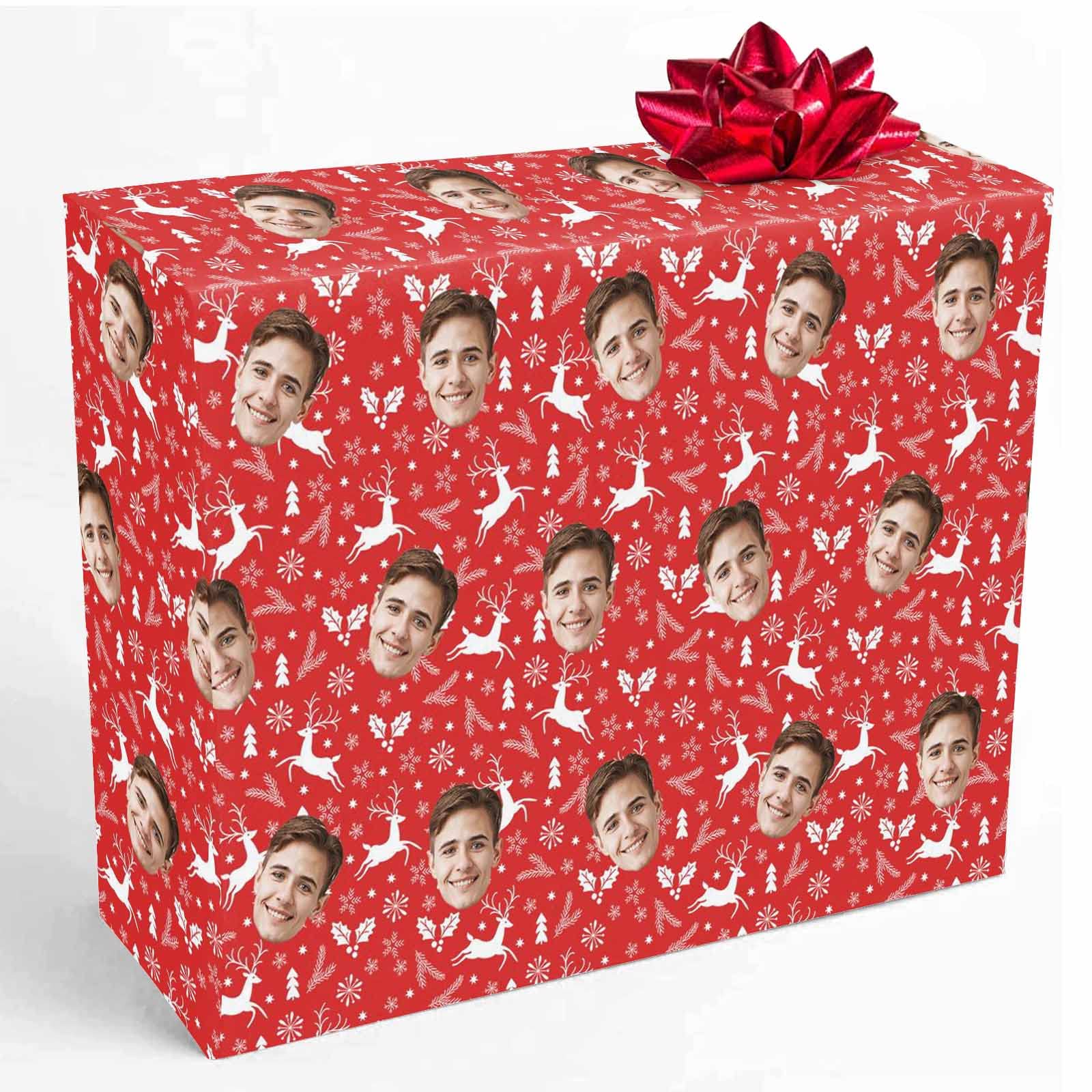 Custom Photo Christmas Elk Snowflake Red Personalized Gift Wrapping Paper Roll - Funny Birthday & Holiday Wrapping Paper for Men & Women (58x23 Inches, 2 Rolls) - Perfect for Christmas Presents, Birthday Gifts & Special Occasions