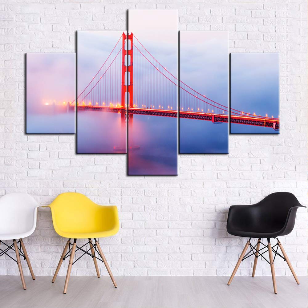 San Francisco City Skyline & Golden Gate Bridge Canvas Wall Art - 5 Panel Framed Painting Set (60