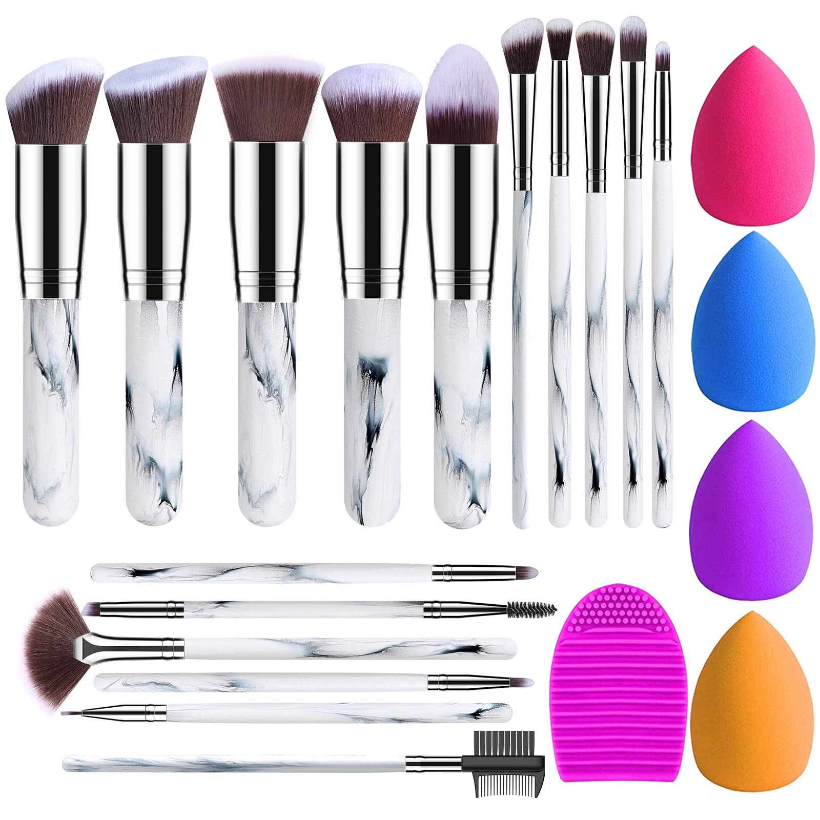 16PCs Professional Makeup Brush Set with 4 Beauty Blenders & Brush Cleaner - Premium Synthetic Foundation, Blending, Face Powder & Eyeshadow Brushes (Marble Design) - Perfect for Makeup Artists, Beginners & Daily Beauty Routine