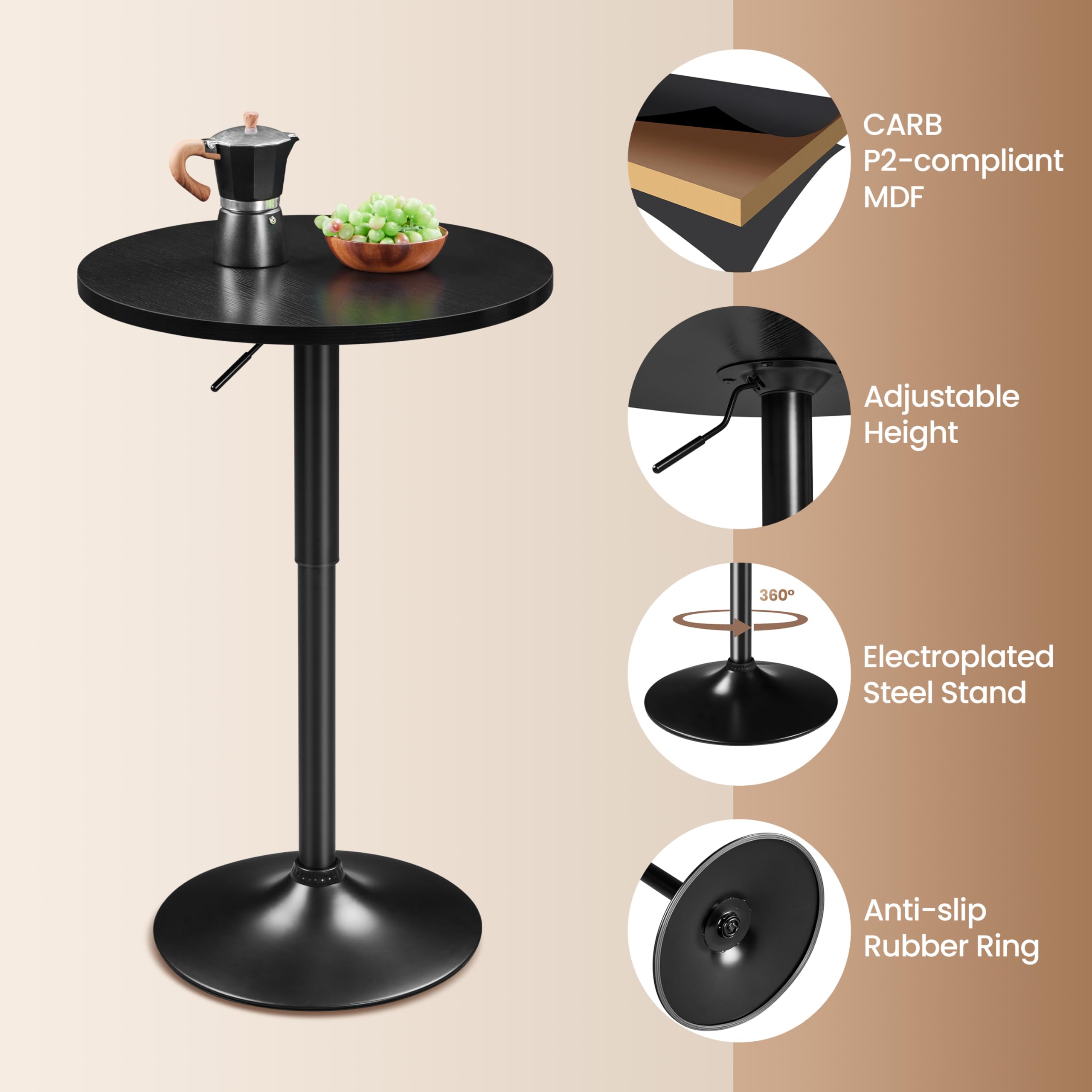 Yaheetech 3-Piece Modern Bar Table Set with Round Counter Height Table & 2 Adjustable PU Leather Swivel Bar Stools - Black Kitchen Dining Set for Breakfast Nook, Small Space & Apartment Living