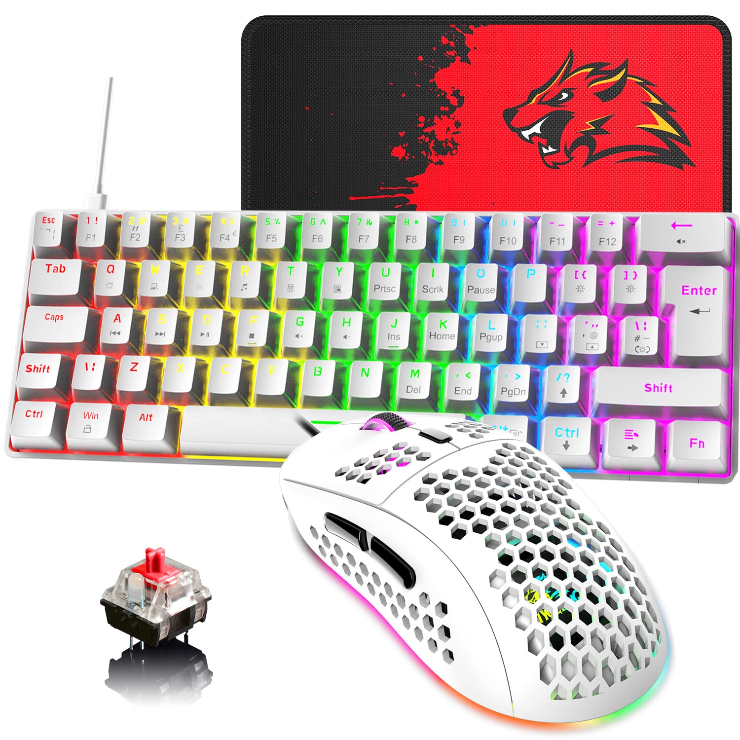 60% UK-Layout Wired Gaming Keyboard and Mouse Combo - 62-Key Mini Compact Mechanical Keyboard with 19 Rainbow & 6 RGB Lighting Effects, 6400 DPI Lightweight Gaming Mouse (White/Red Switch) - Perfect for PC Gaming, Office Work, and Esports Enthusiasts