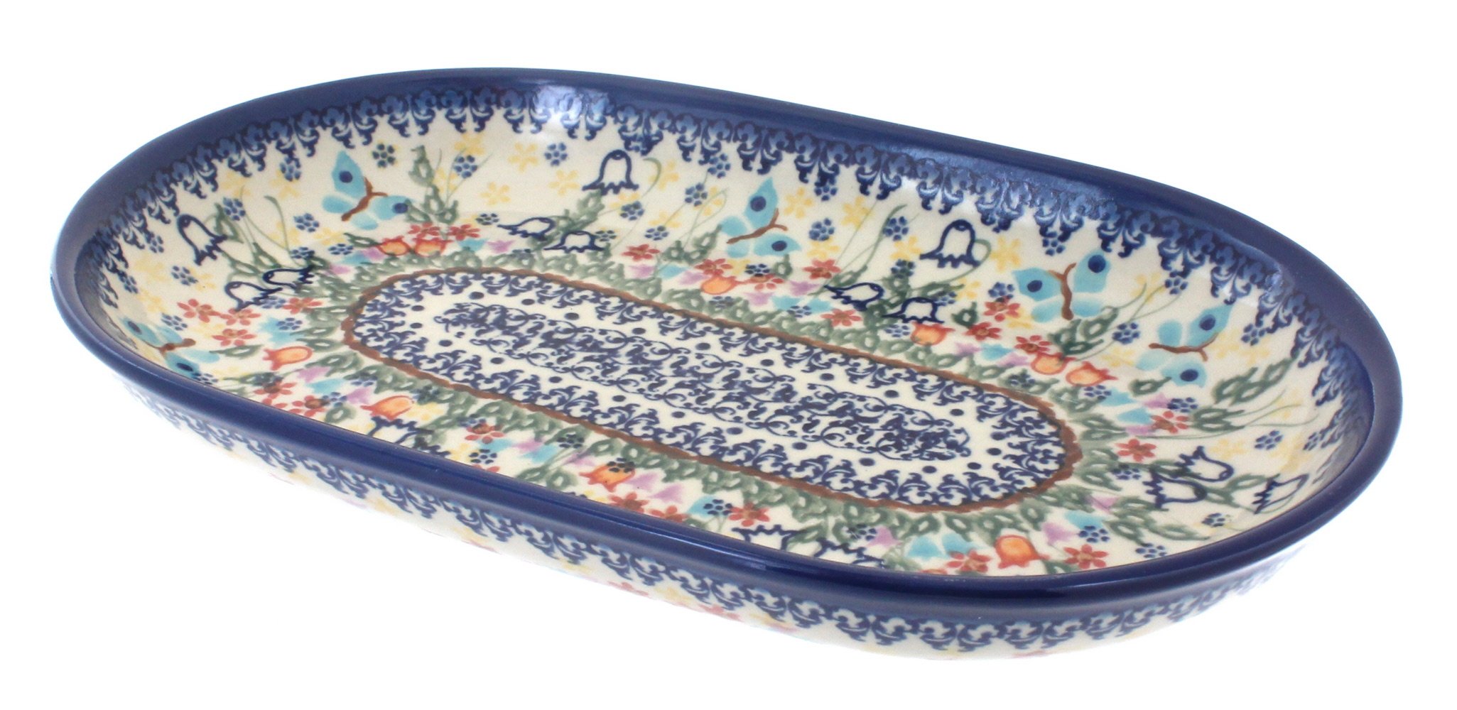 Handmade Blue Rose Polish Pottery Garden of Eden Medium Oval Dish - Elegant Serving Platter for Dinner Parties, Home Decor & Gift Giving