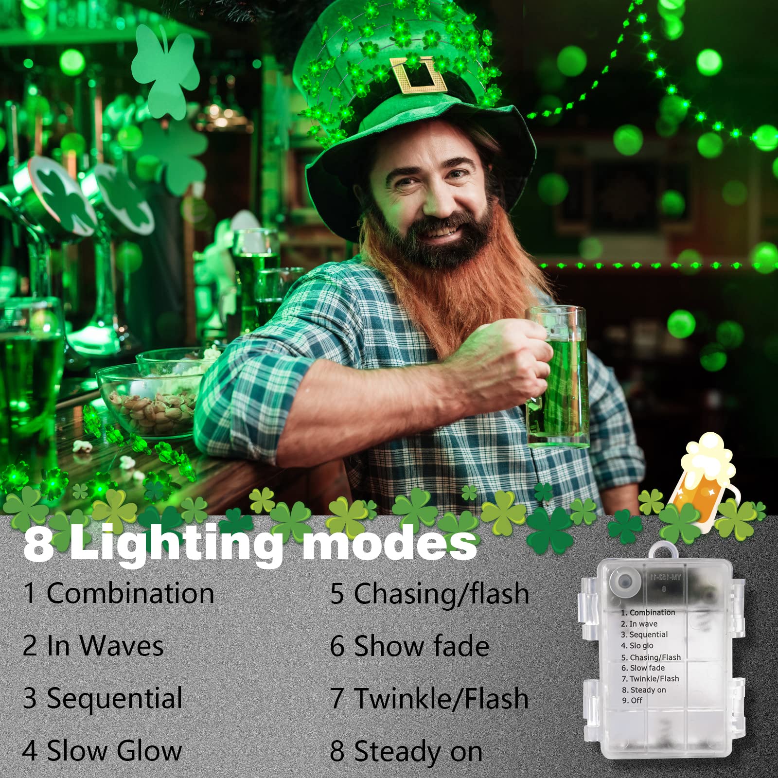 St. Patrick's Day Decorations - 13FT Green Battery Operated LED Shamrock String Lights with Remote Control | Indoor/Outdoor Party Decor for St. Patrick's Day, Irish Themed Events & Home Celebration