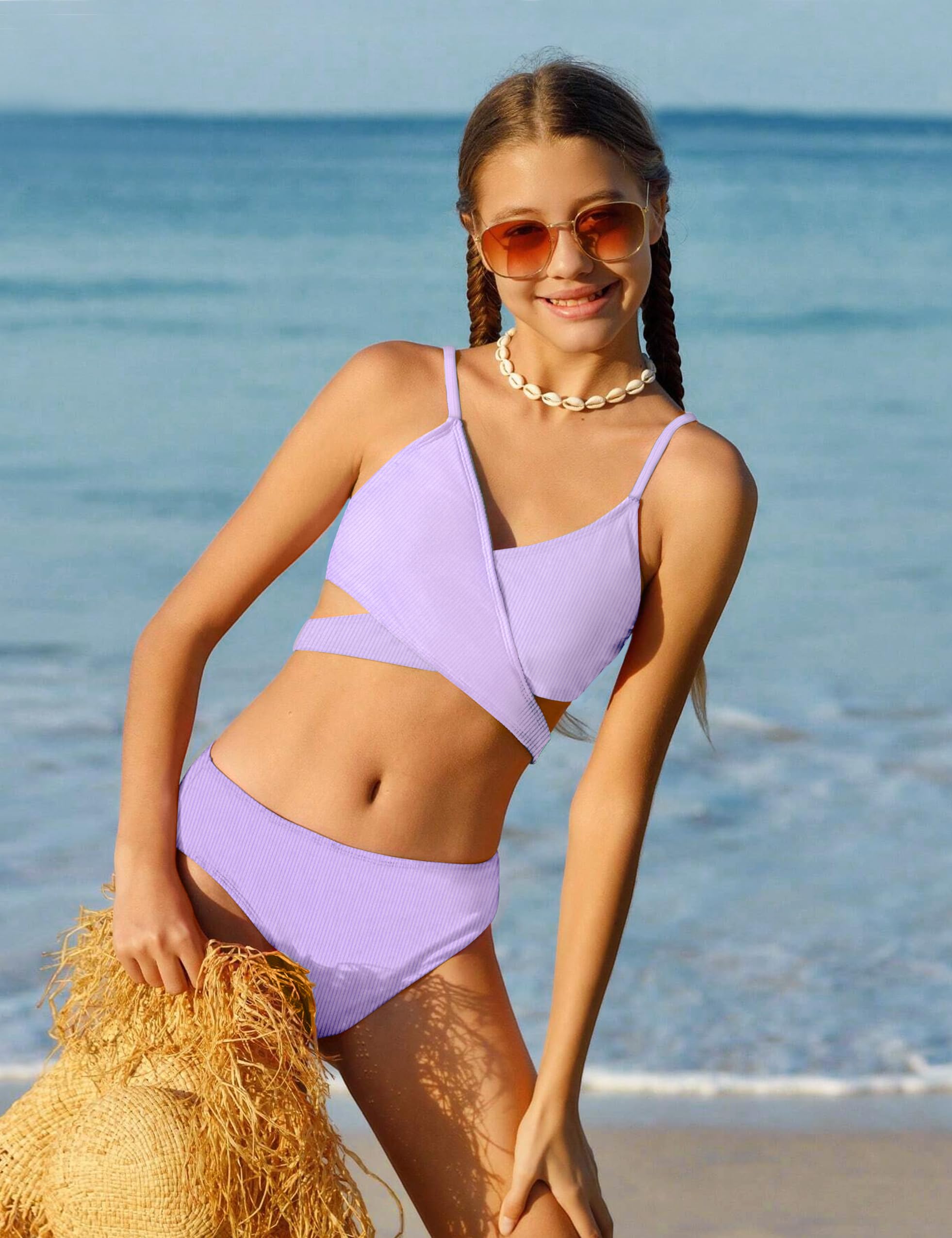 Girls' Two Piece Swimsuit Bikini Set - Criss Cross Bathing Suits for Teens & Kids, Solid Color Swimwear for Beach, Pool & Summer Vacation