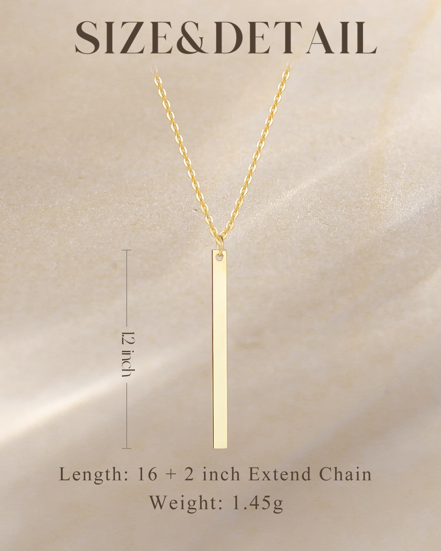 14K Solid Gold Vertical Bar Necklace for Women - Simple & Elegant Everyday Jewelry - 16