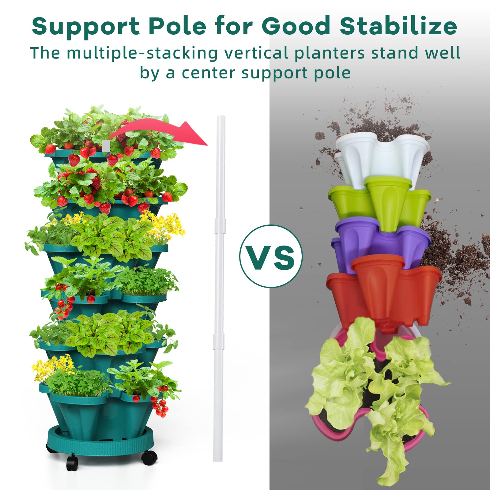 6-Tier Strawberry Vertical Planter Tower Garden with Support Pole - Stackable Herb & Vegetable Planter for Indoor & Outdoor Use - Perfect for Small Spaces, Balconies, and Urban Gardening