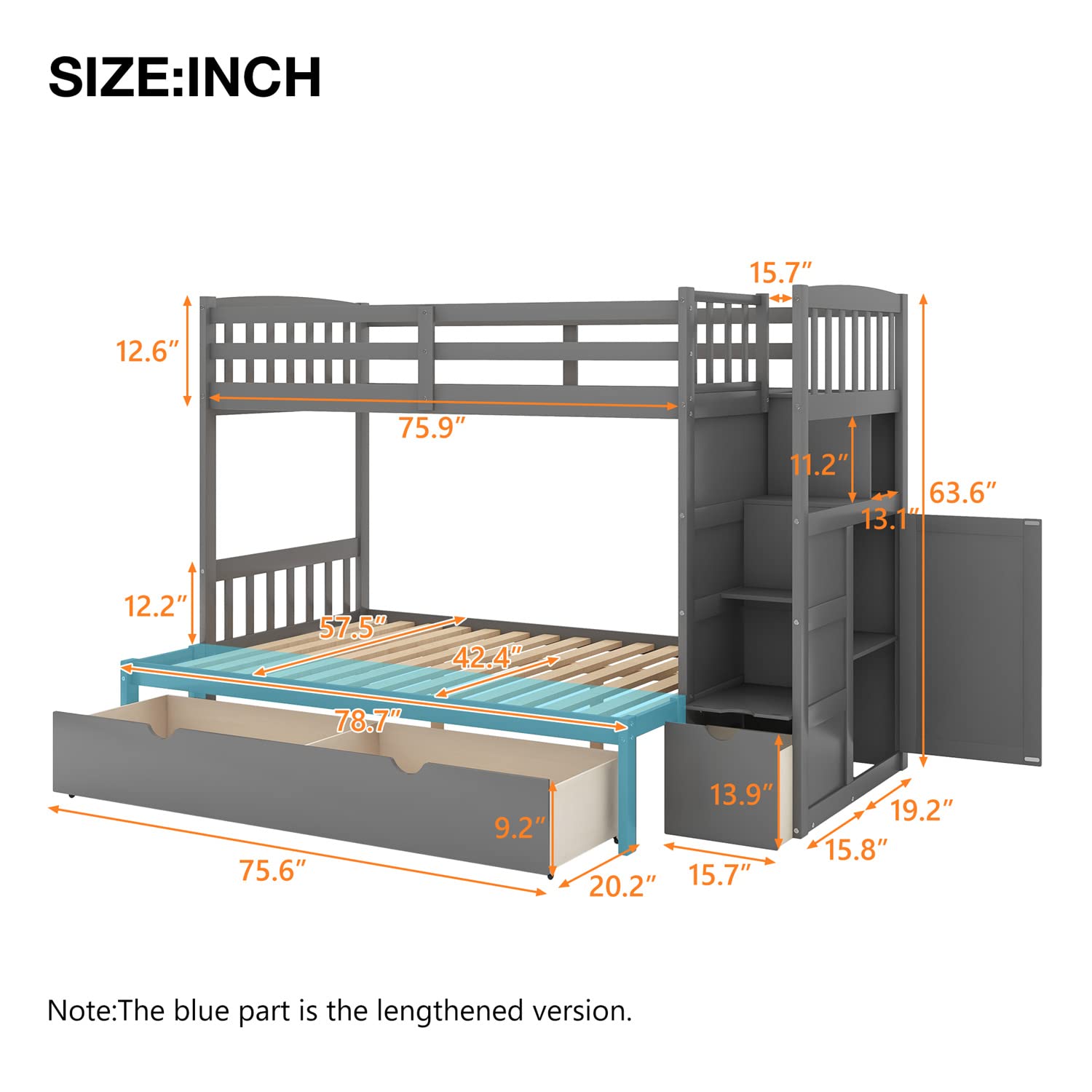 JINS&VICO Twin Over Twin/Full Bunk Bed with Convertible Bottom Bed, Storage Cabinet & 2 Drawers - Space-Saving Wooden Bunk Bed Frame with Staircase in Gray - Perfect for Kids' Bedrooms, Guest Rooms & Small Spaces