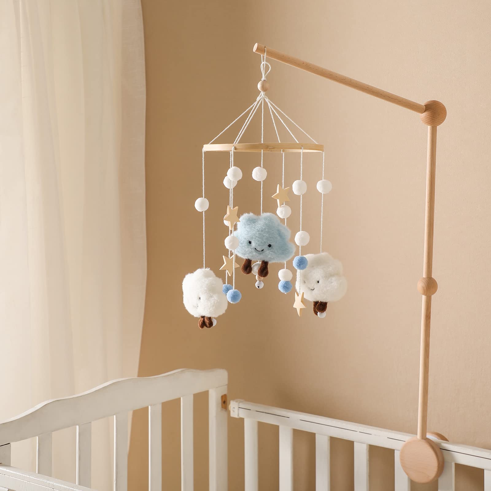 **Wooden Baby Crib Mobile - Handmade Neutral Wind Chime Bed Bell with Clouds Design, Nursery Ceiling Decor for Boys & Girls (Blue) | Perfect for Newborn Gifts & Nursery Room Decoration**