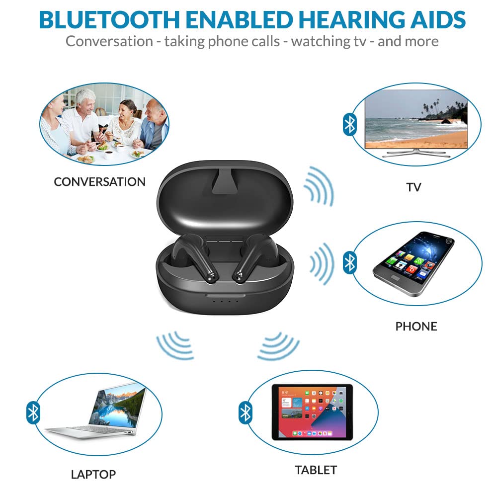 Neosonic BT-Pods Bluetooth Hearing Aids for Seniors & Adults - Rechargeable Hearing Amplifier with Noise Reduction, Wireless Music Streaming & Hands-Free Phone Calls - Perfect for TV Watching, Outdoor Activities & Daily Communication