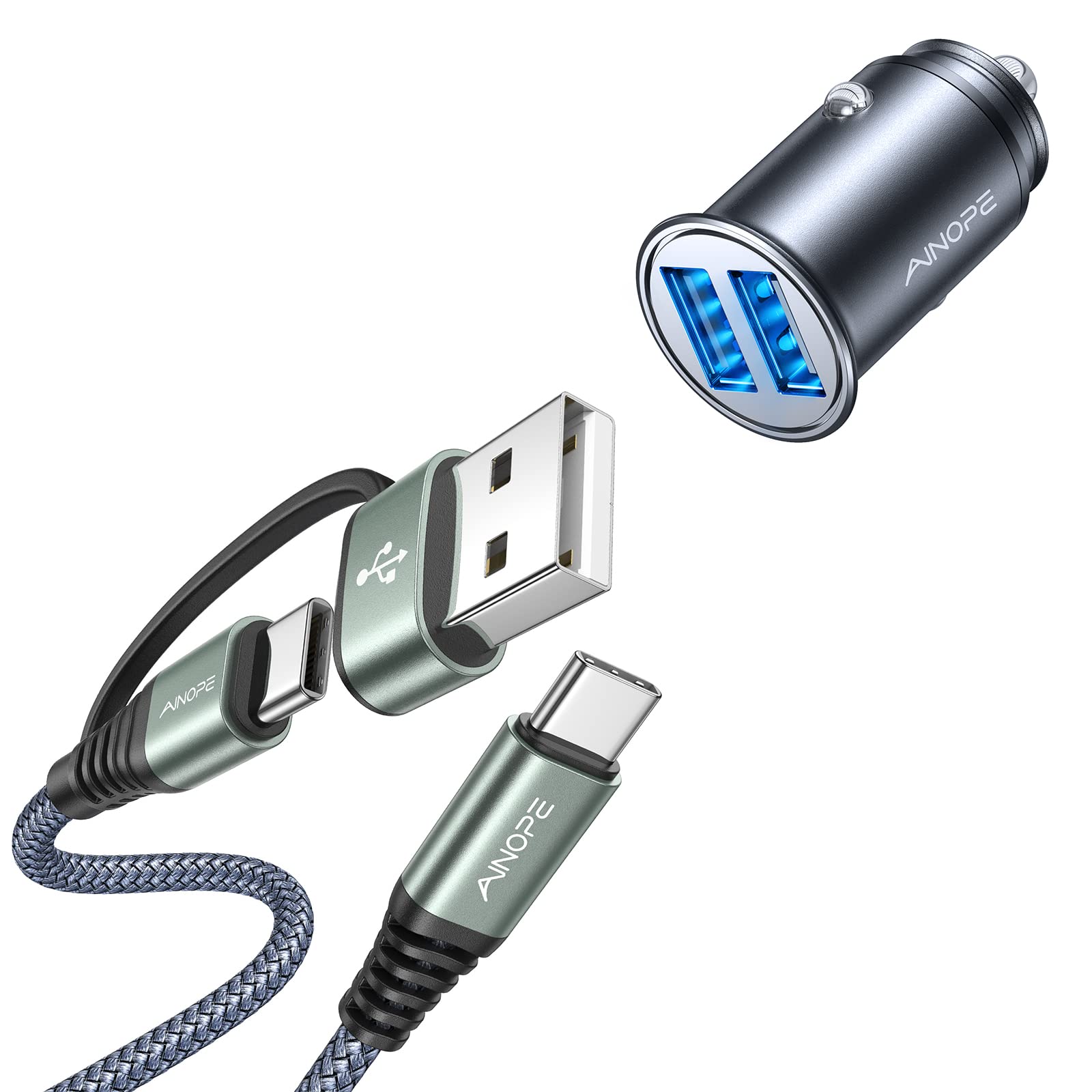 AINOPE 60W Fast Charging USB C Cable & Car Charger Combo - 3.1A Nylon Braided USB-A to USB-C Charging Cable for iPhone 15/14/13, Samsung Galaxy, iPad - Perfect for Road Trips & Daily Commute