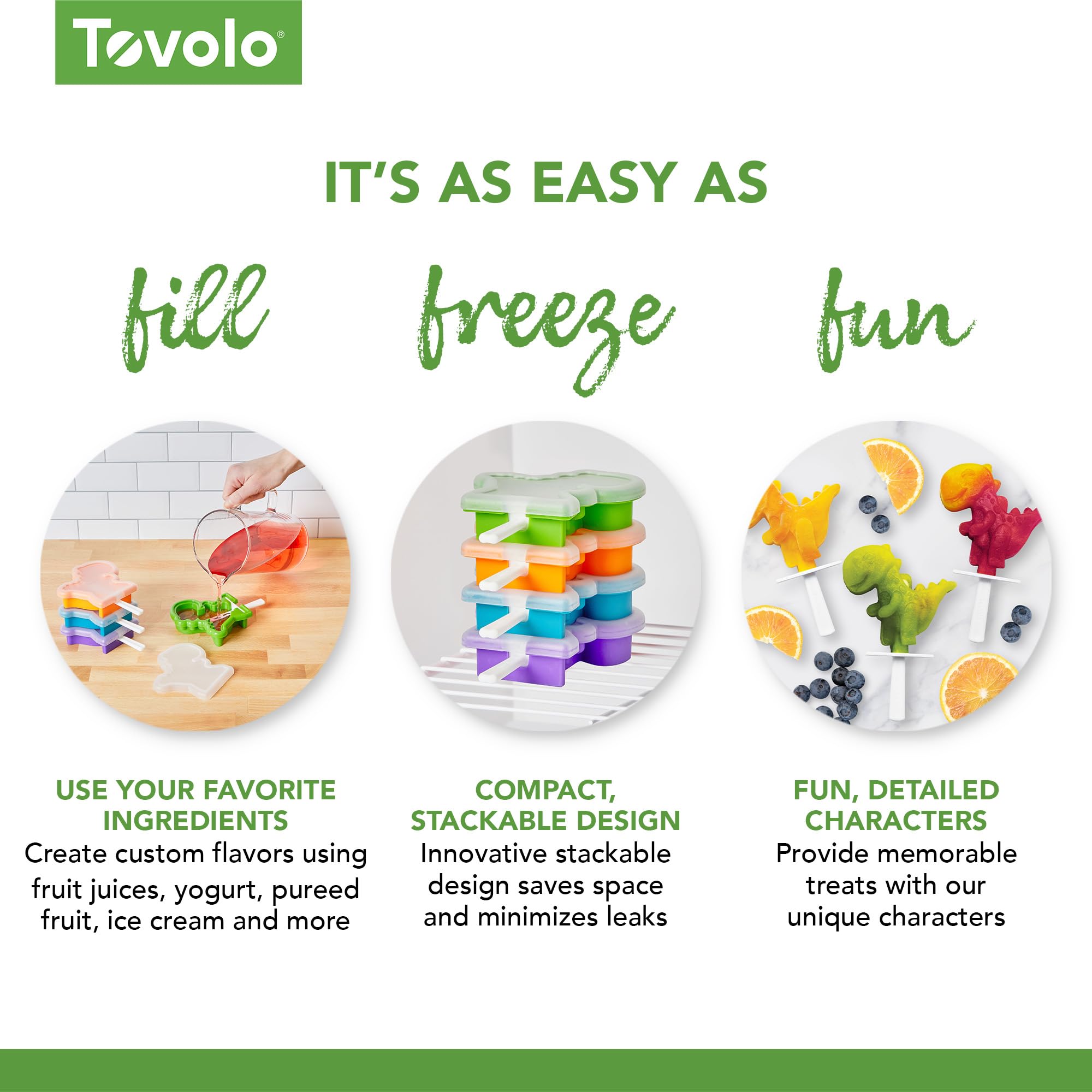 Tovolo Dinosaur Silicone Popsicle Molds with Sticks (4-Pack) - Reusable BPA-Free Ice Pop Molds for Homemade Frozen Treats - Stackable Popsicle Maker with Lid, Dishwasher Safe - Perfect for Summer Snacks, Kids Parties & Healthy Desserts