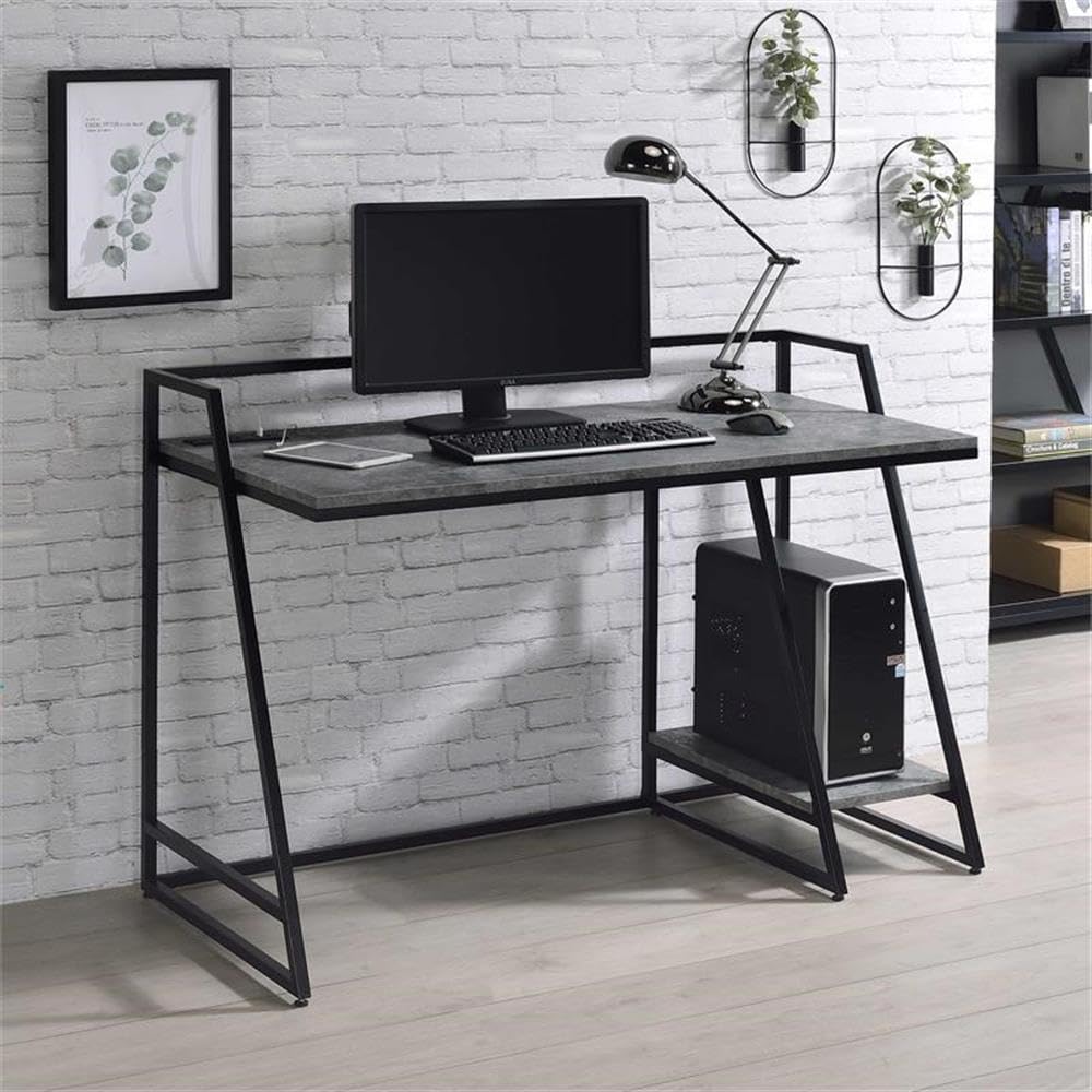 Furniture of America Sanue Modern Metal Writing Desk with USB Ports - Light Gray Home Office Desk for Small Spaces & Workspaces