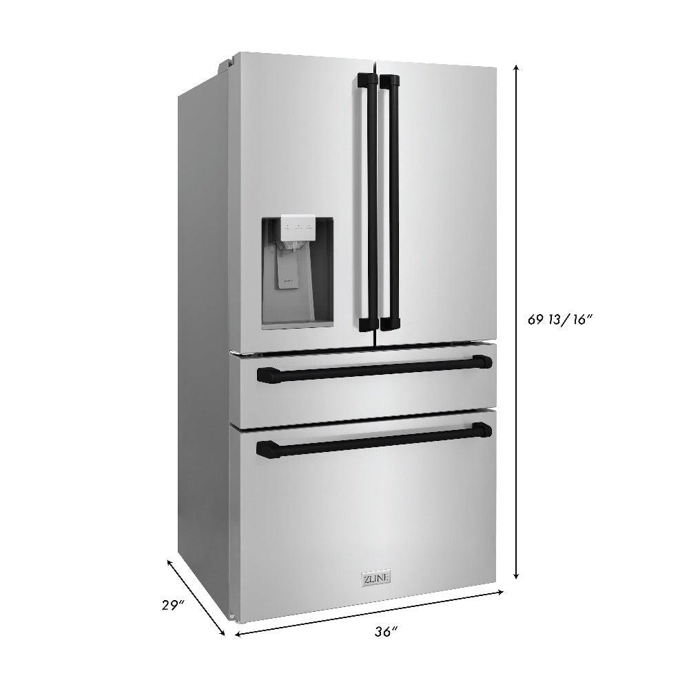ZLINE Autograph Edition 36-inch Stainless Steel Kitchen Package - Dual Fuel Range, Range Hood, Dishwasher & Refrigerator with External Water Dispenser - Matte Black Accents (4AKPR RARHDWM36 MB) | Premium Kitchen Appliances for Modern Homes & Professional Chefs