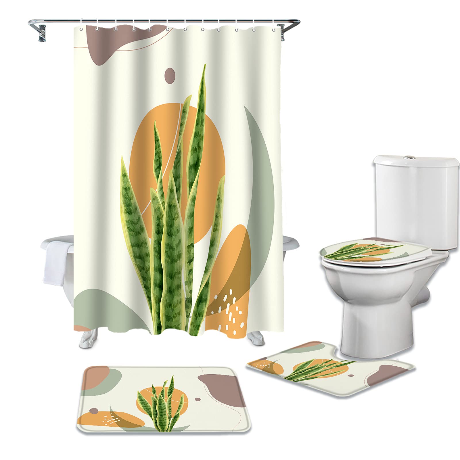Queenker 4-Piece Shower Curtain Set with Tropical Leaves & Geometric Pattern - Non-Slip Bath Mat, Toilet Lid Cover & U-Shaped Rug - Waterproof Bathroom Decor for Modern Homes (Ideal for Spa, Guest Bath & Coastal Style Decor)
