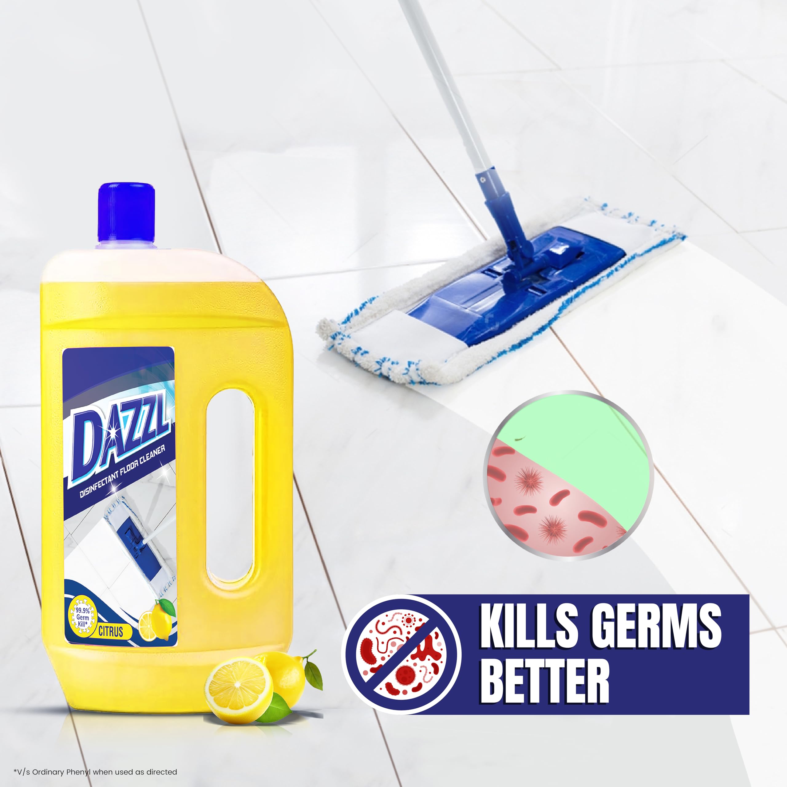 Dazzl Disinfectant Surface & Floor Cleaner Liquid - Citrus Scent (2 Liters) | Kills 99.9% Germs & Bacteria | Safe for Tile, Marble, Granite Floors | Works with All Floor Mops | Ideal for Kitchens, Bathrooms & High-Traffic Areas
