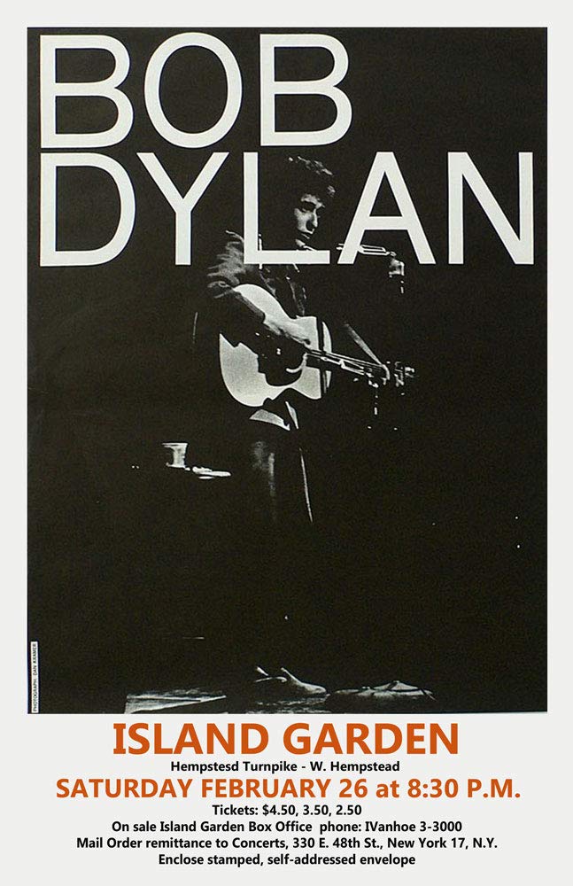 Vintage 1966 Bob Dylan Concert Poster Replica - Island Garden Show - Classic Music Memorabilia for Fans & Collectors - Perfect for Home Decor, Music Rooms & Gift Giving