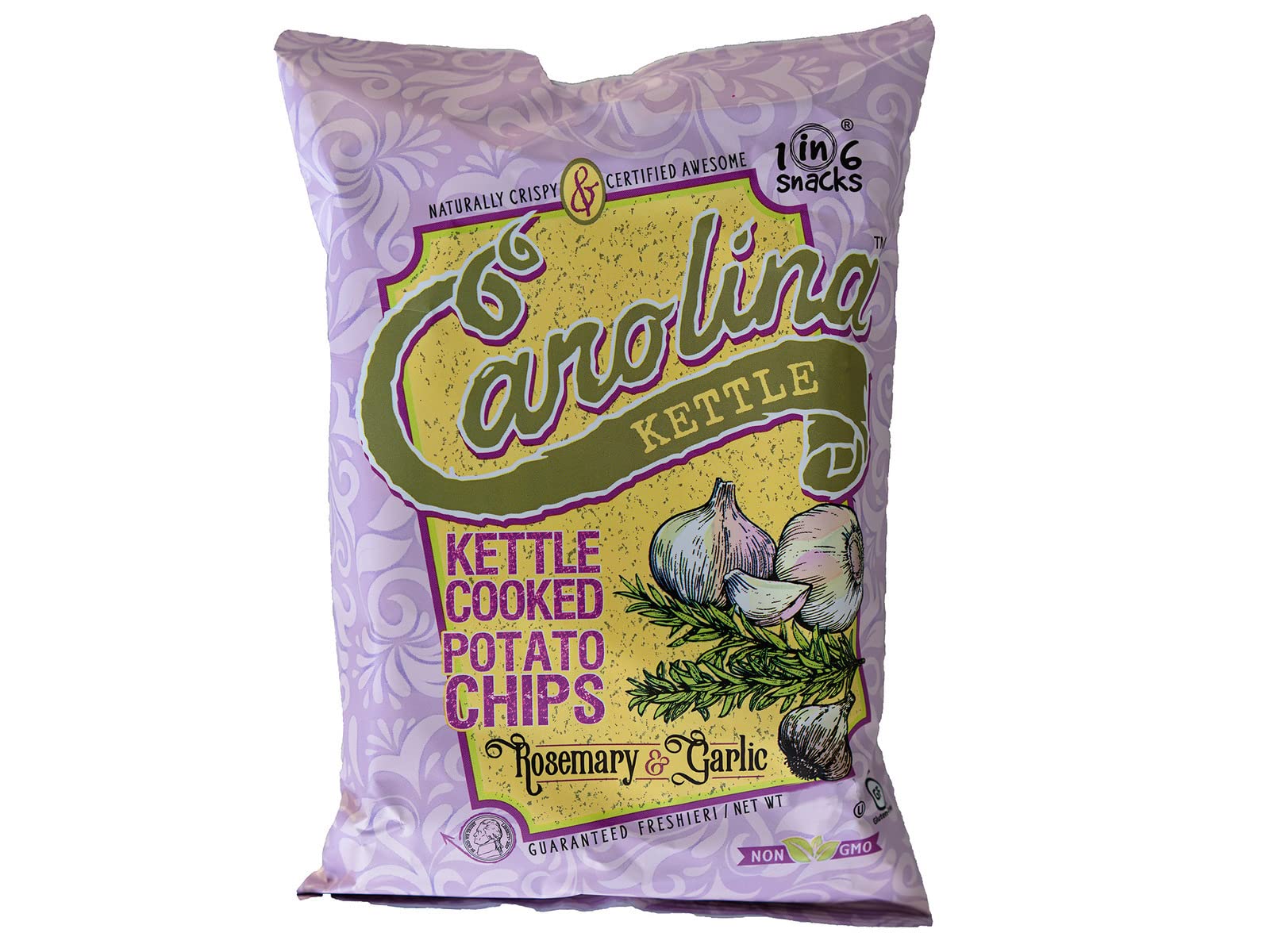 Carolina Kettle Brand Naturally Crispy Kettle Cooked Potato Chips - Rosemary & Garlic Flavor, 4-Pack | Perfect for Parties, Snacking & Gift Giving