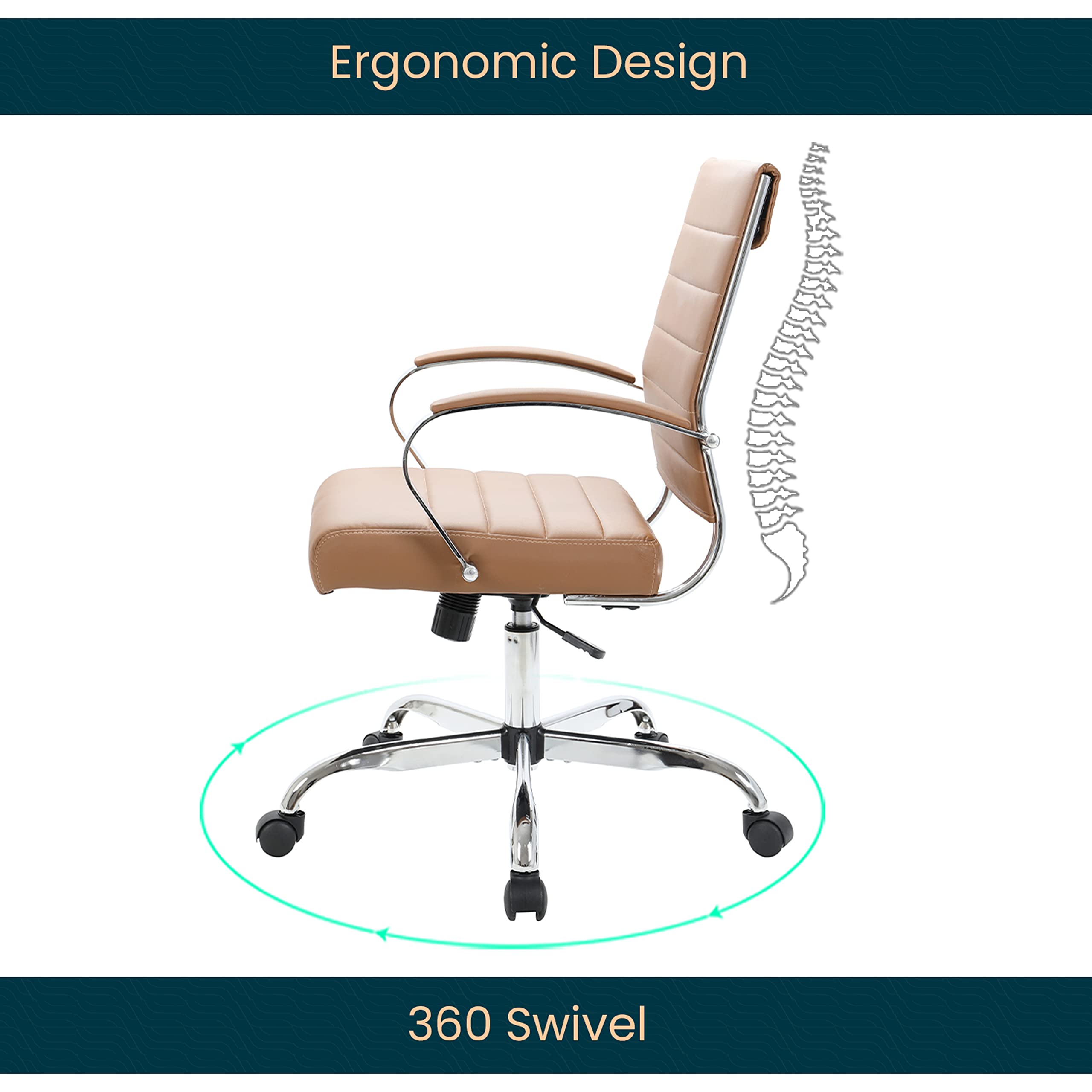 LeisureMod Benmar Modern Mid-Back Adjustable Swivel Leather Office Chair - Ergonomic Executive Desk Chair with Lumbar Support for Home & Office Workspaces (Brown)