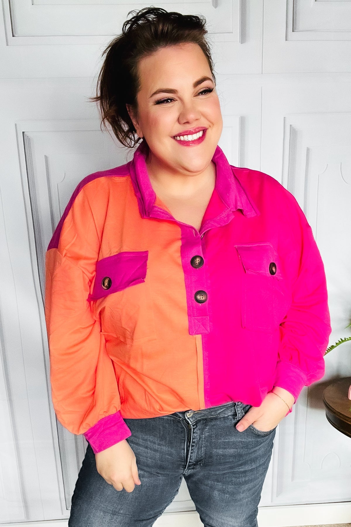 Stylish Orange & Fuchsia Color Block Button Down Shirt for Women | Trendy Casual & Office Wear | Perfect for Work, Dates & Everyday Outfits