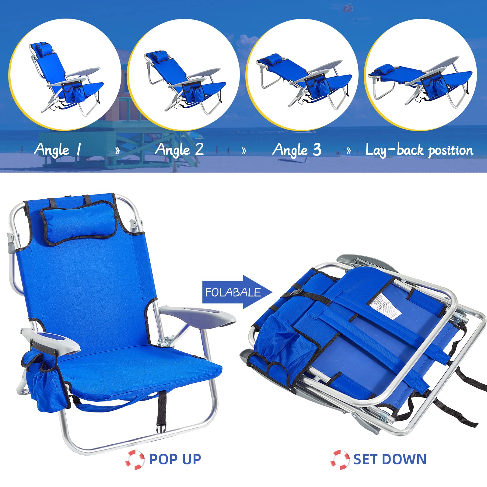 Portable Beach Chair for Adults - 4 Position Adjustable Backpack Folding Camping Chair with Shoulder Straps, Lightweight Outdoor Chair for Beach, Picnic, Fishing, Backyard & Travel (Blue)