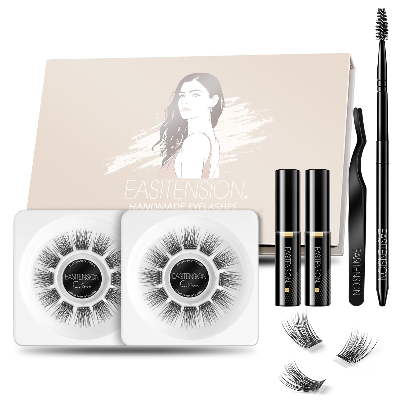 3D Effect DIY Eyelash Extension Kit - Glue Bonded Cluster Lashes for Volume & Length (12mm & 14mm C Curl) - At Home Lash Extension Set for Natural or Dramatic Look - Perfect for Parties, Weddings & Daily Wear